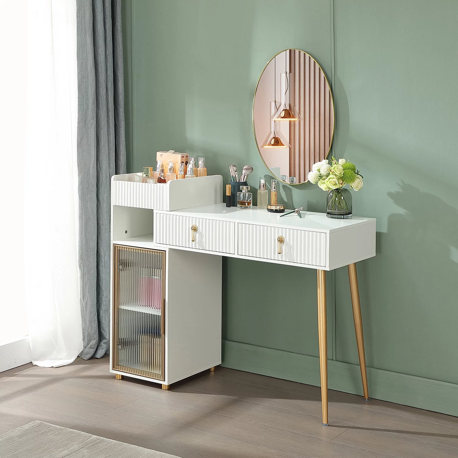 HOLISUN Makeup Vanity Desk with Drawers, Modern Dressing Table with Storage Cabinet for Bedroom, White and Gold Desks Without Mirror (42 Inch White)