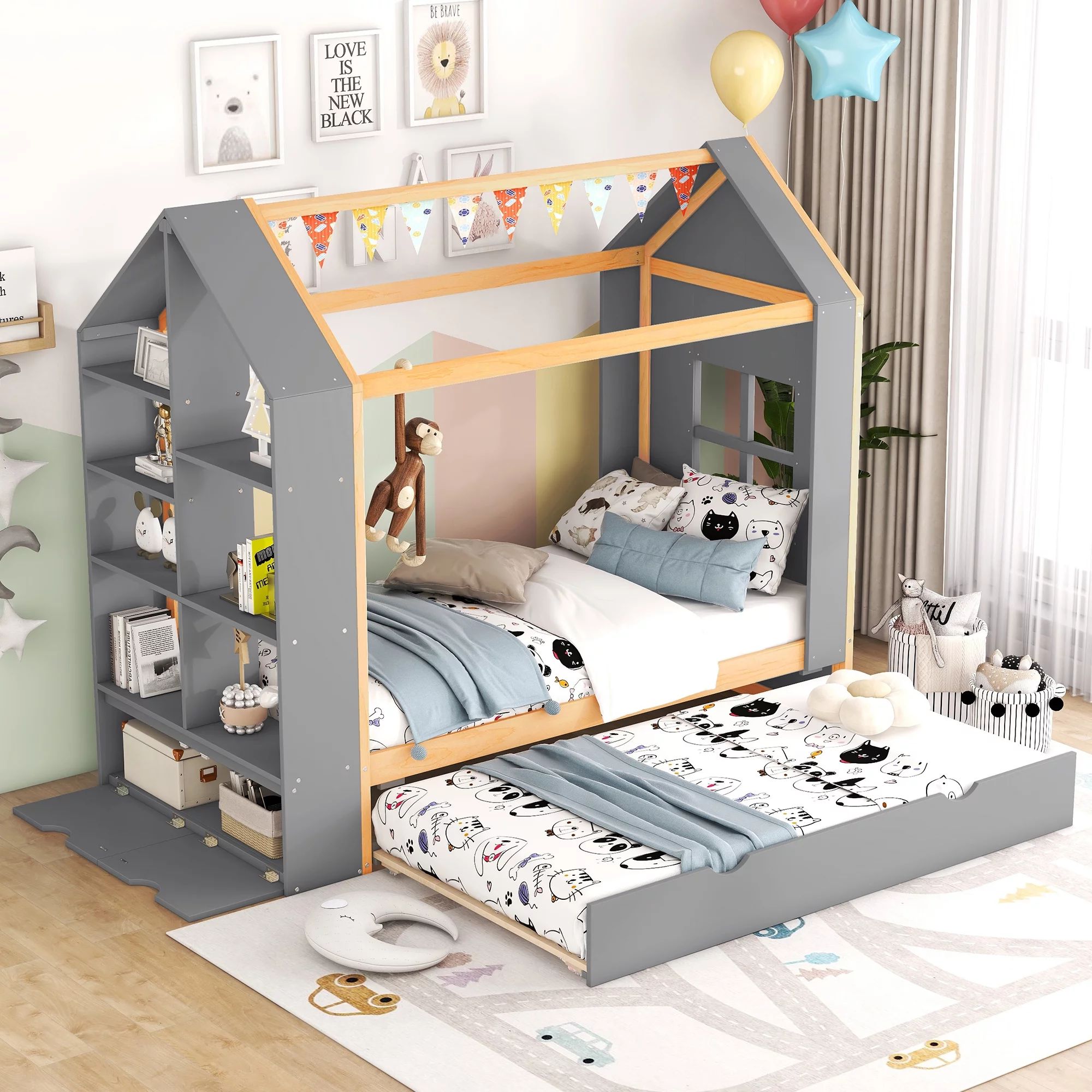 Euroco Wood Twin Size House Bed with Trundle, Display Cabinet for Kids Bedroom, House-Shaped Woof and Window, Gray