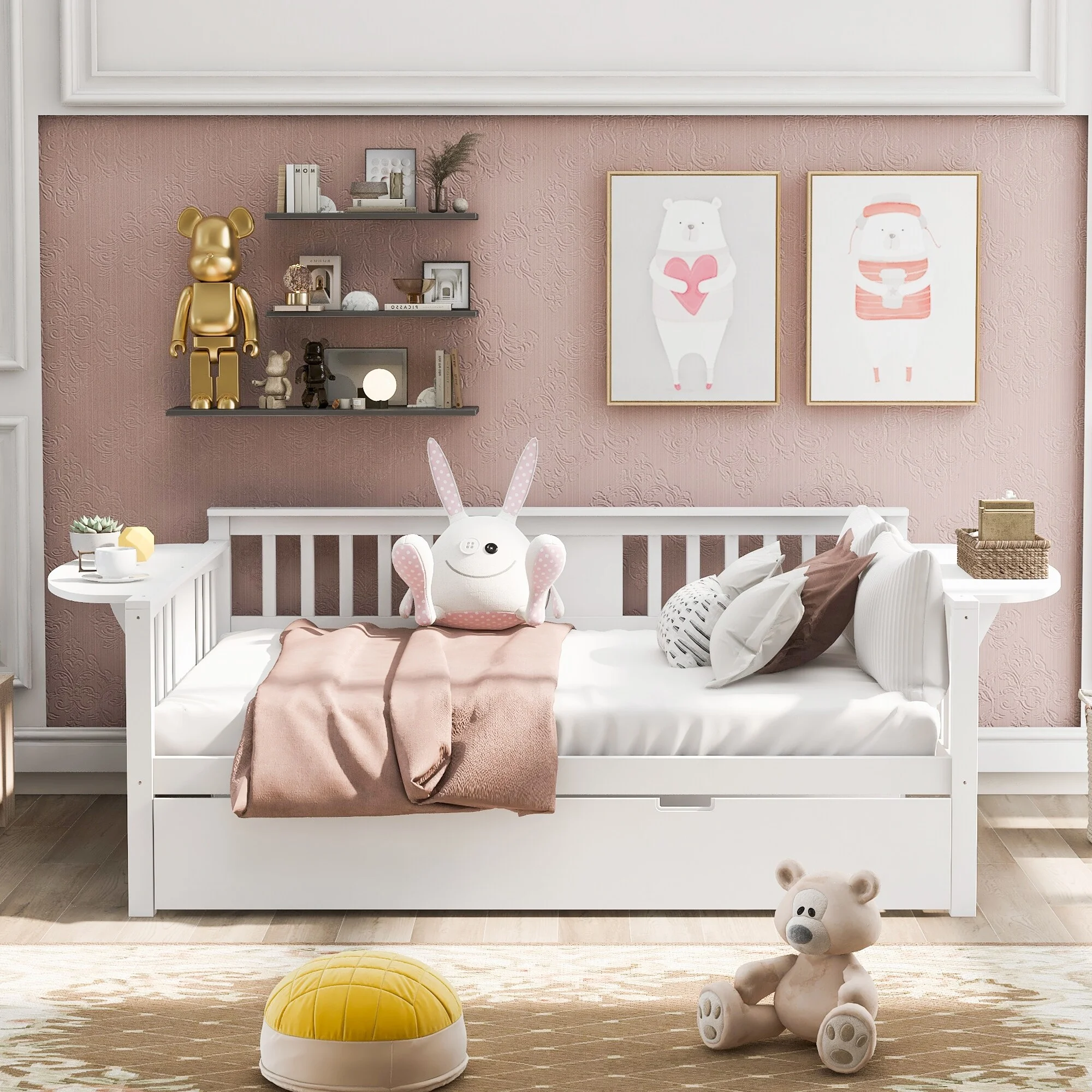 Full size Daybed with Twin size Trundle, Wood Slat Support, White,Gray,Espresso White
