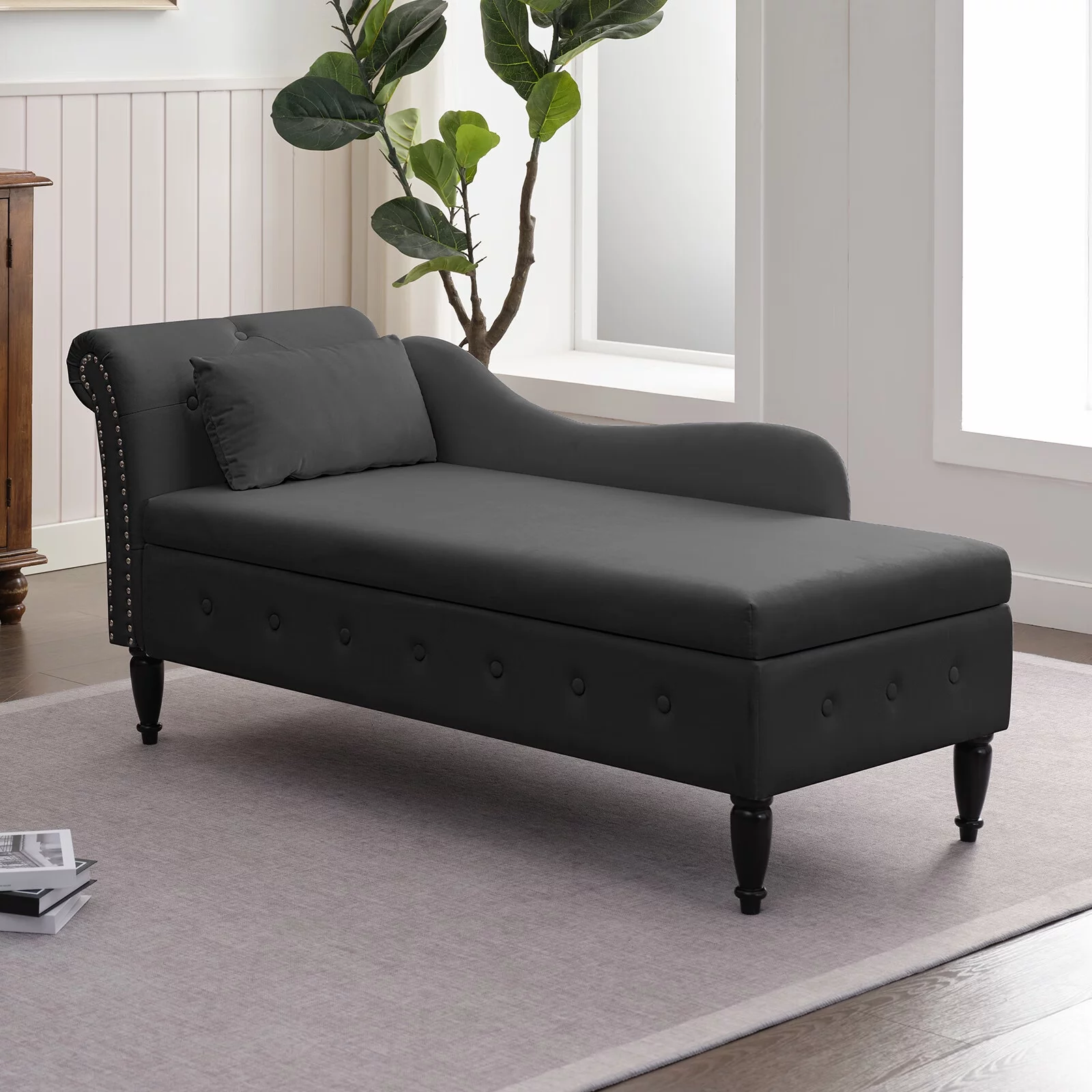 CECER Chaise Lounge Chair Indoor, Velvet Upholstered Daybed with Storage, Recliner Chair with Nailhead Trim & Armrest for Living Room, Bedroom - Dark Grey