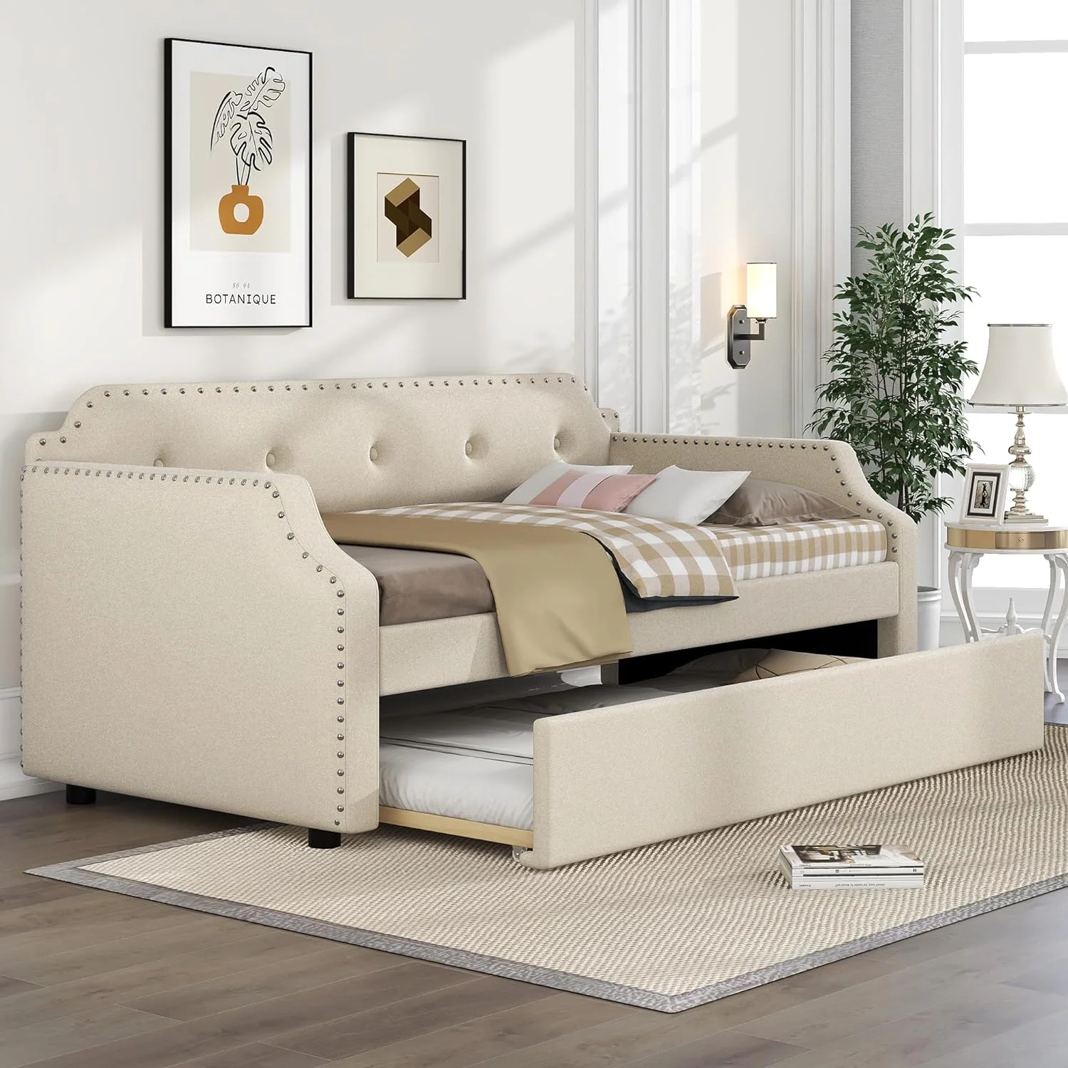 Daybed Wih rudle, Upholsered Wood Daybed Wih rudle, Size rudle Daybed Sofa Bed For Bedroom Livig Room,o Box Sprig eeded,Beige