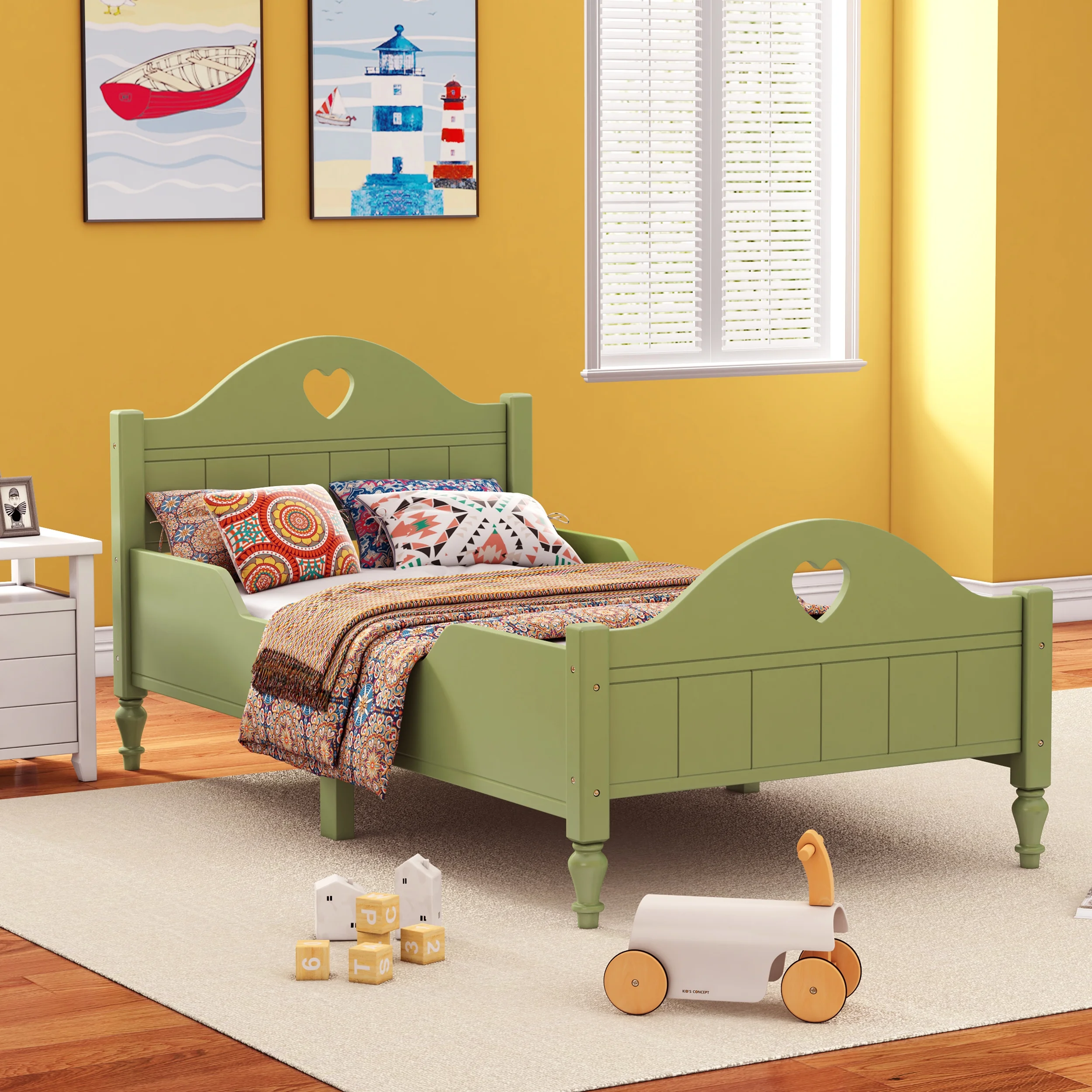 SACVON Twin Size Toddler Bed with Side Safety Rails and Headboard and Footboard, Simple Assembly, Oliver Green