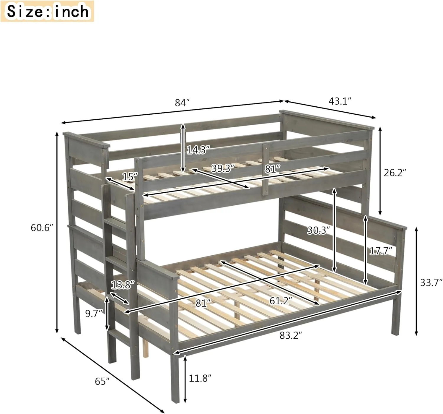 Twin XL Over Queen Bunk Bed with Ladder and Safety Guardrail, Solid Wood Bed Frame Convertible to 2 Separated Beds for Kids Teens Boys Girls Bedroom, No Box Spring Needed