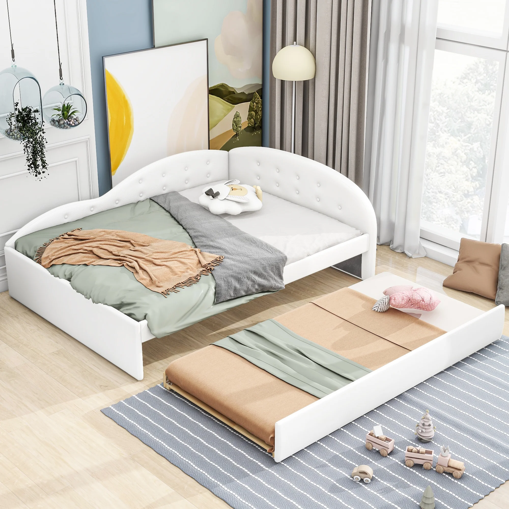 CoSoTower Full Size PU Upholstered Tufted Daybed with Trundle and Cloud Shaped Guardrail, White