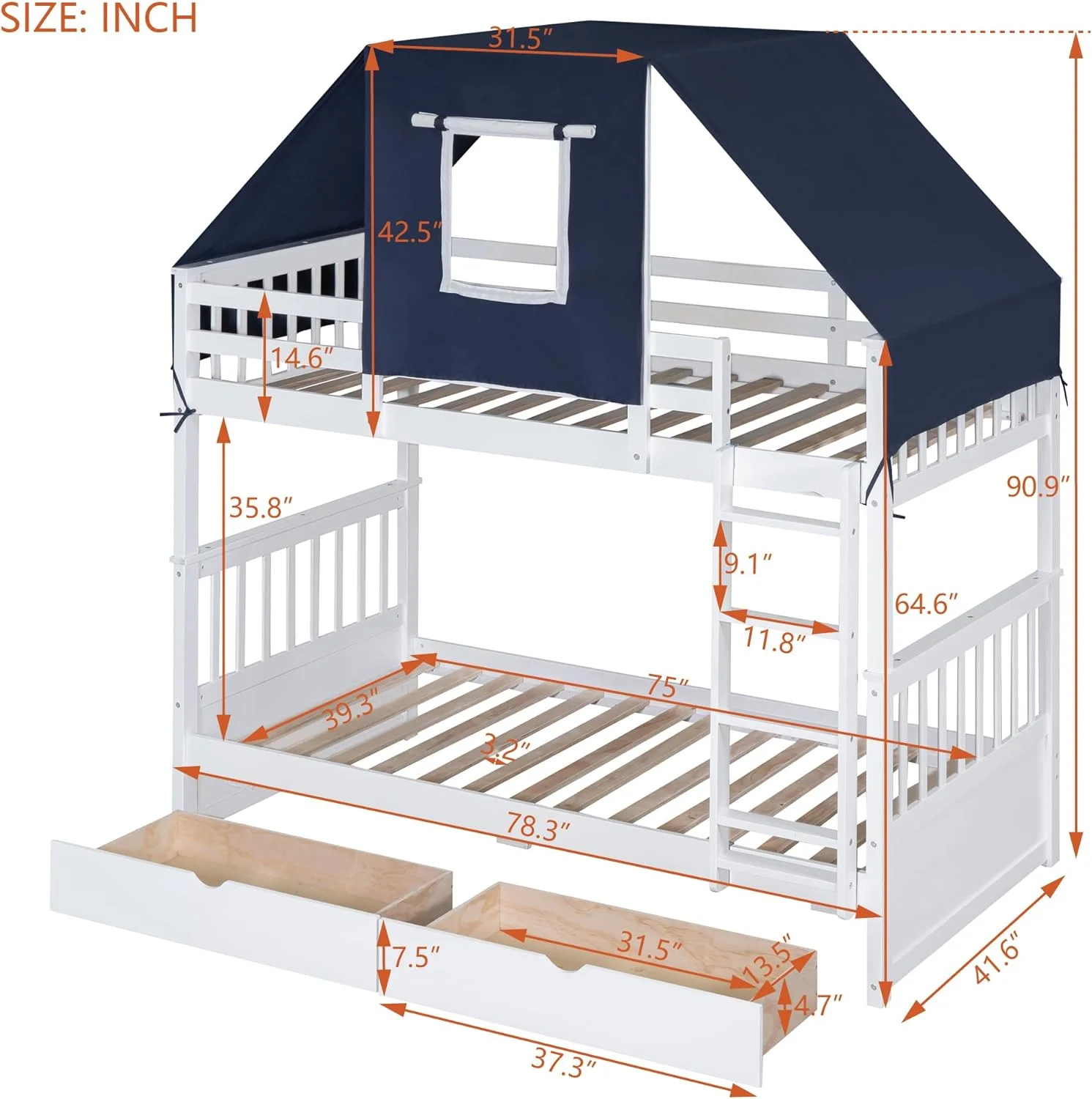 House Buk Bed Wih Sorage, Over Buk Bed Wood Frame Wih e Ad Drawers, Ca Be Separaed, oise , Easy Assembly, Whie+Blue e