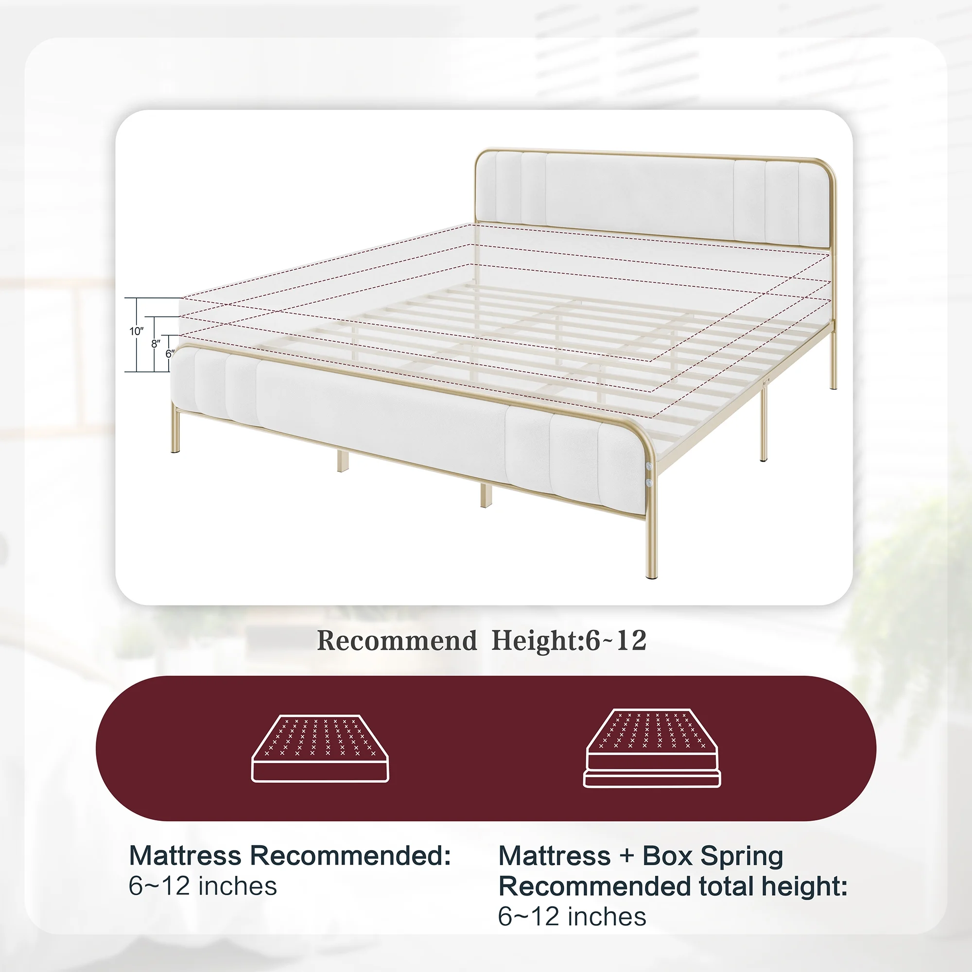 Walsunny Gold King Size Bed Frame with Velvet Fabric Headboard, Metal Platform Bed with 14