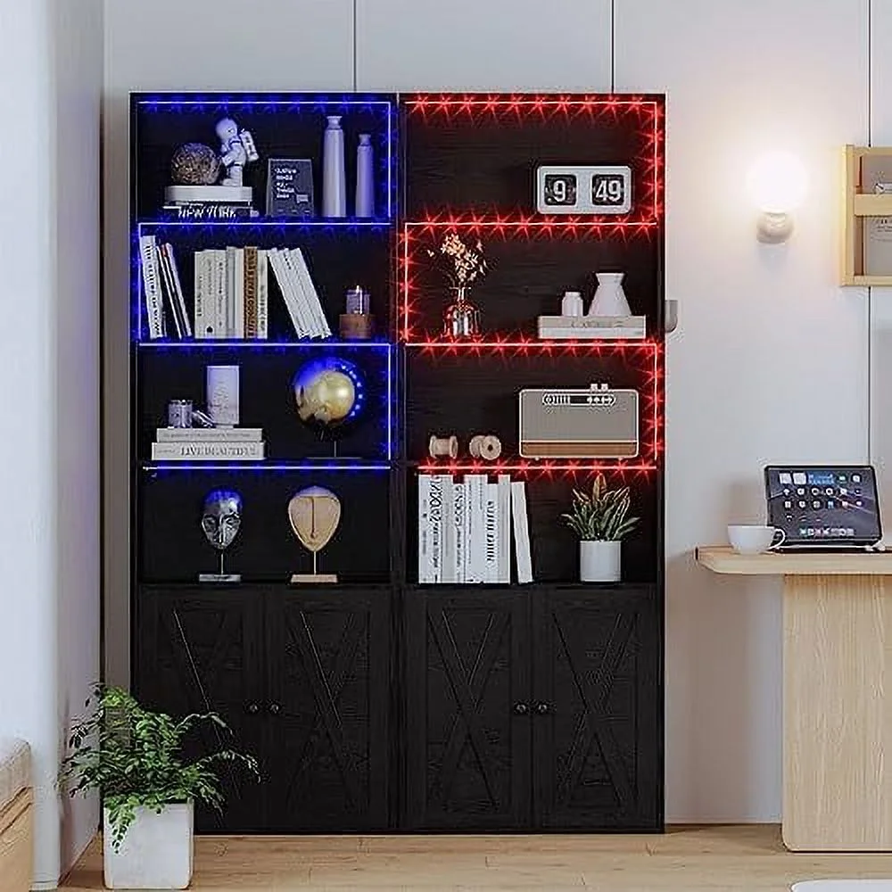 KHBIULIFE Tall Bookcase with LED Lights 70 in Industrial Bookshelf Display Floor Standing for Home Office Living Room Bed Room