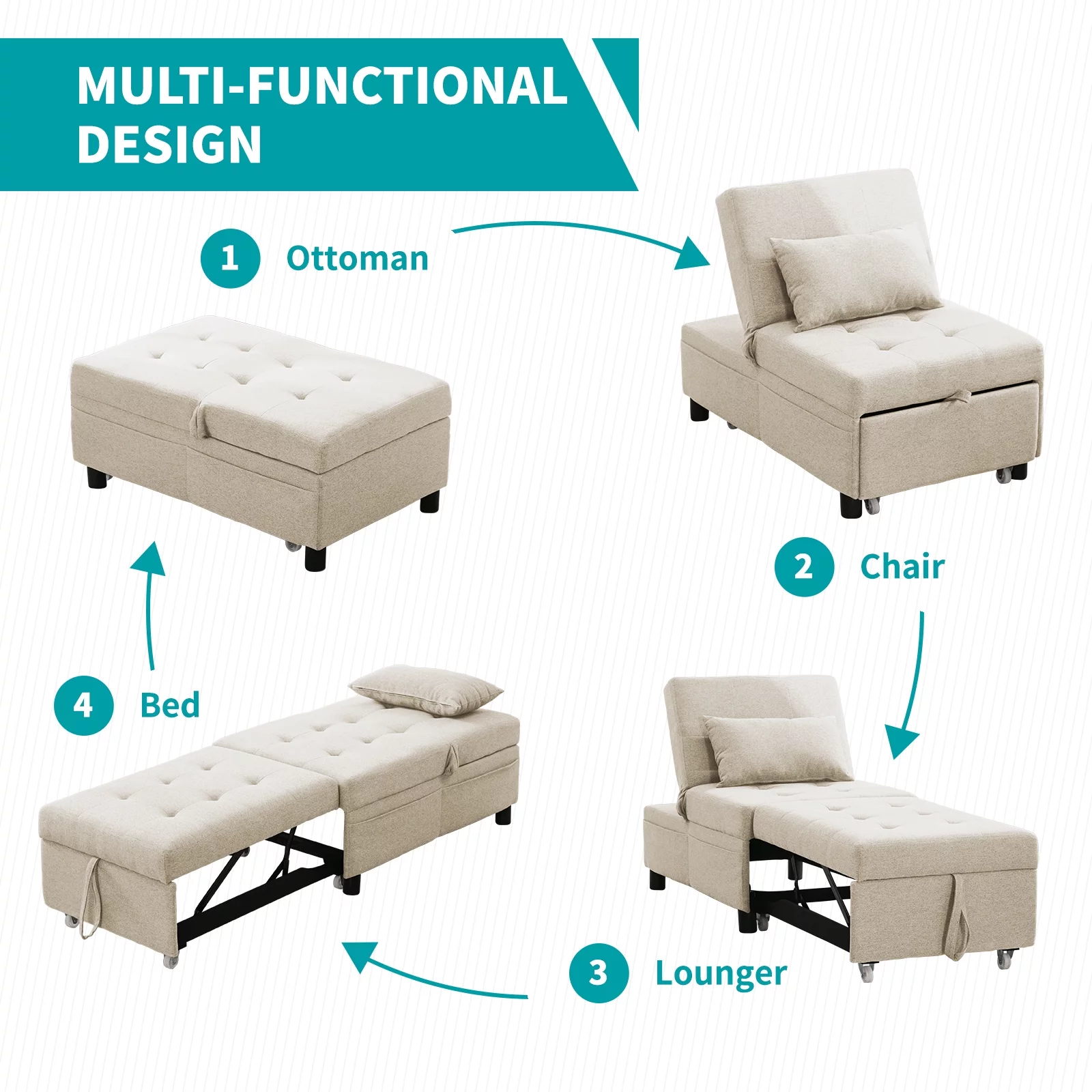 MUZZ Convertible 4-in-1 Sleeper Chair with Adjustable Backrest,Storage and Pillow, Memory Foam Pull Out Sofa Bed,Pull Out Couch for Compact Spaces Living Room(No Assemble Need,Beige)