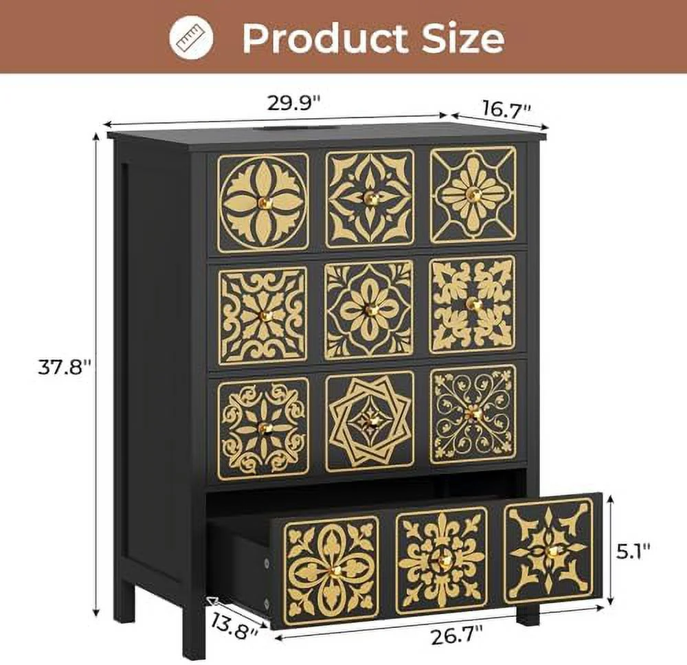 GEROBOOM Black Dresser for Bedroom with 4 Drawers Chests of Drawers with Charging Station Wooden Dresser with Organizer Unit for Closet Bedroom (Black)