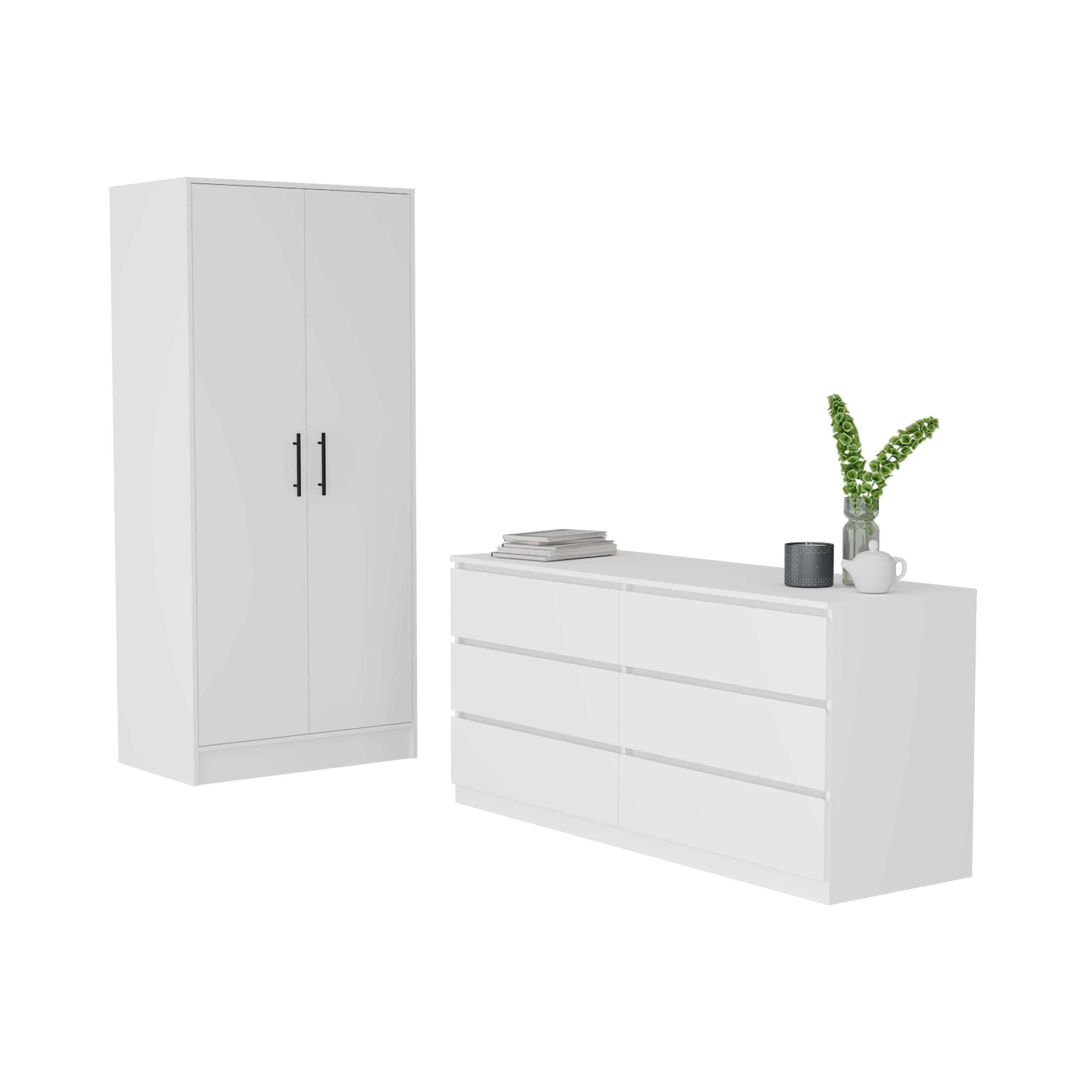FM Furniture Wyoming 2-Piece Bedroom Set with Armoire and 6-Drawer Dresser, White