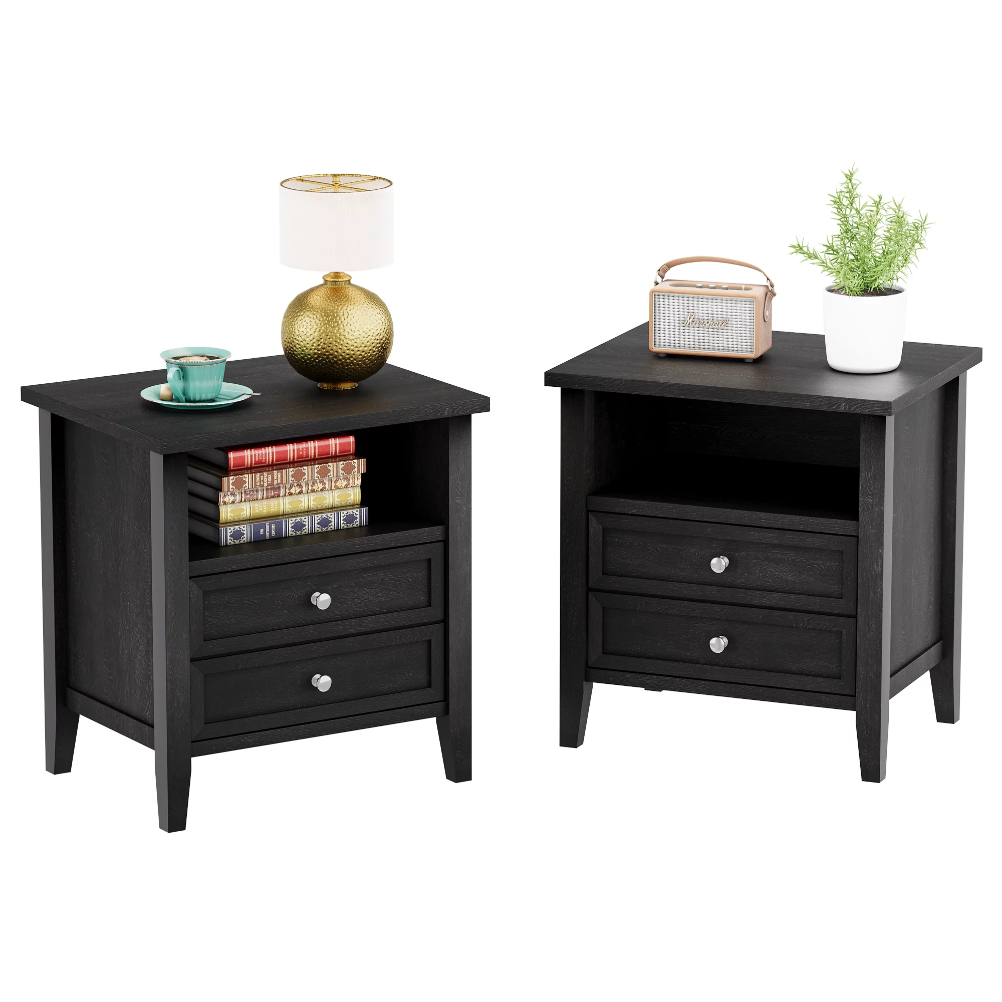 Nightstand with Drawer for Bedroom, Small Dresser with Drawer and Open Storage Shelf, Bedside Furniture with Solid Wood Feet for Living Room, Dorm, Classic Black