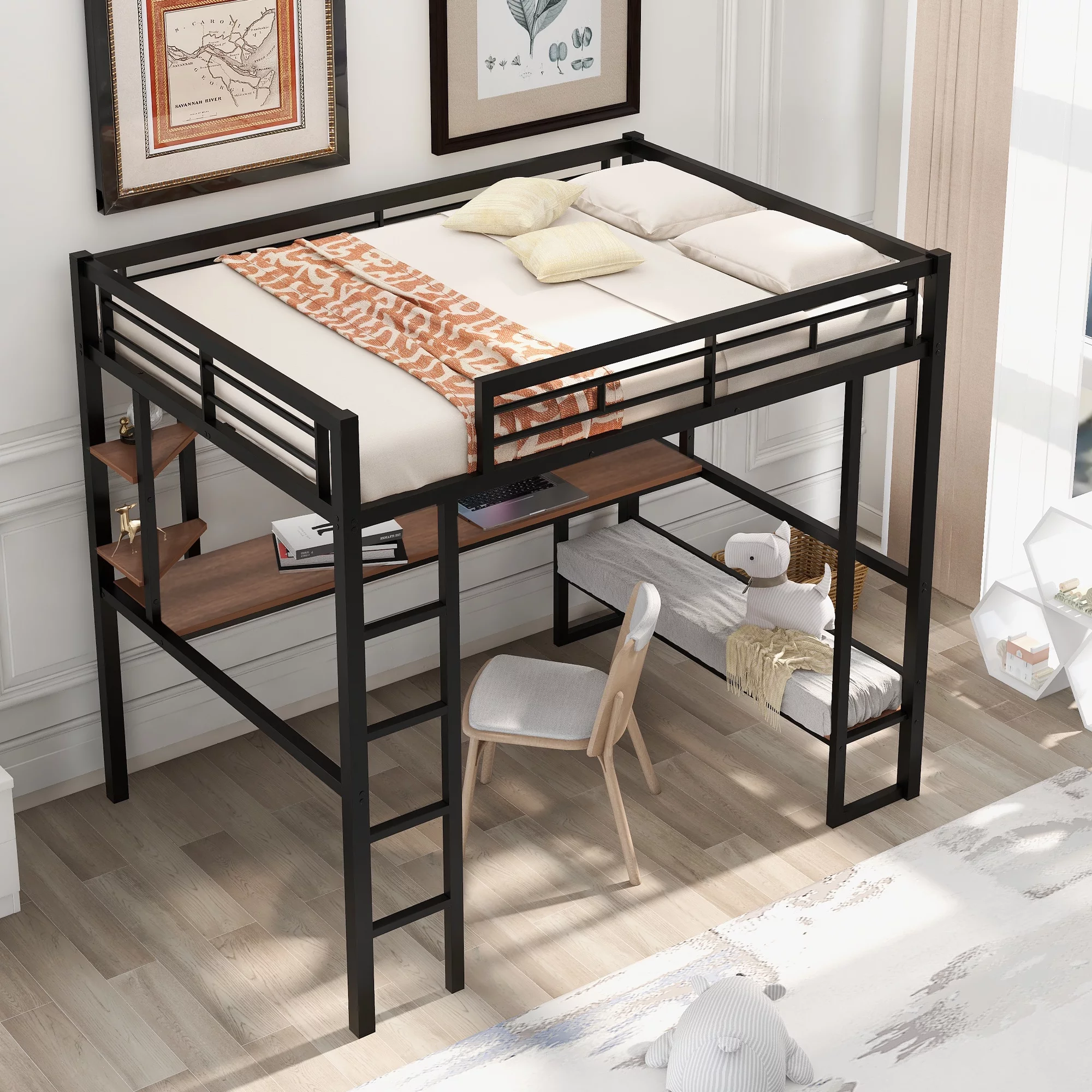 CoSoTower Full Size Loft Metal&Mdf Bed With Long Desk And Shelves, Black