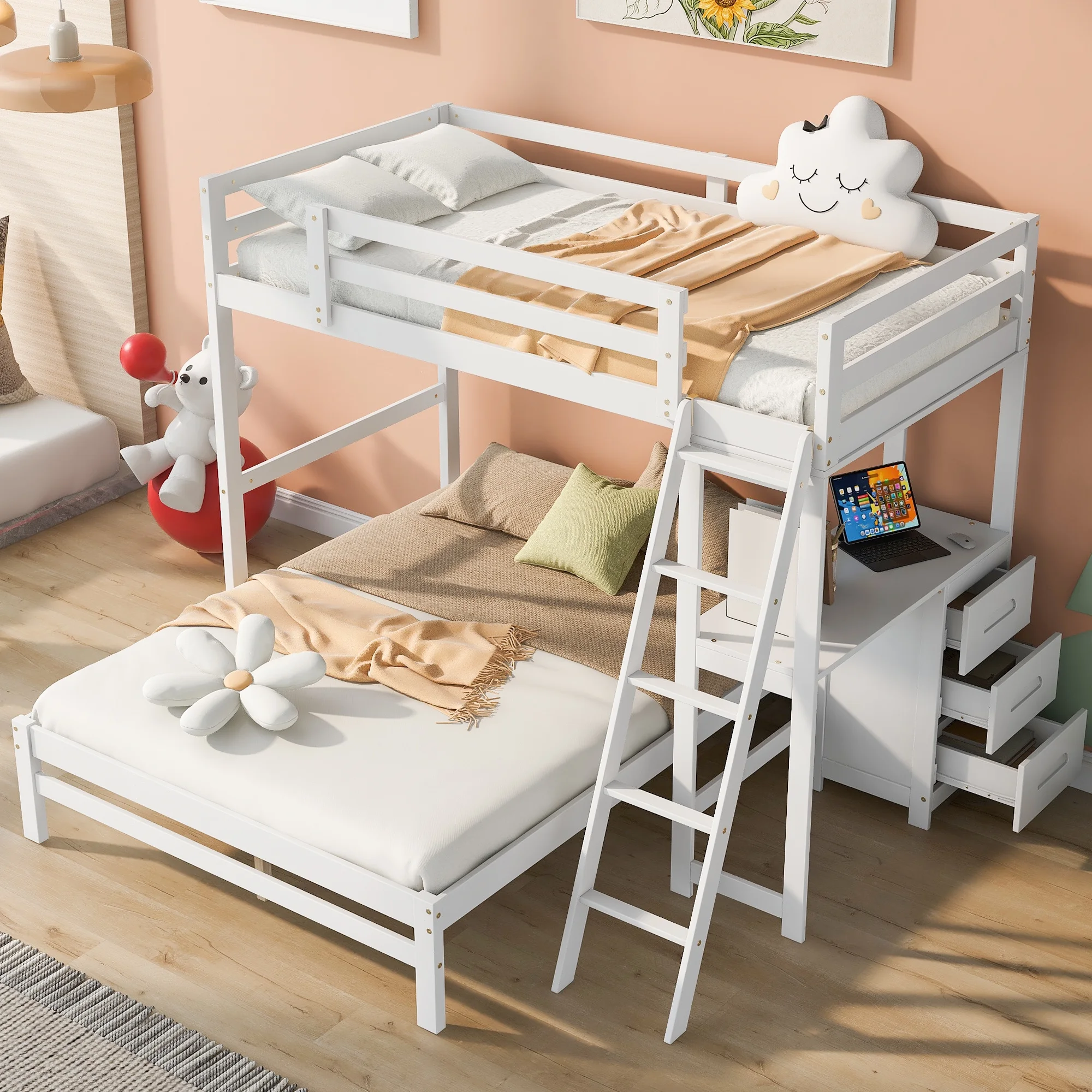 Euroco Twin over Full Bunk Bed with Desk and Drawers for Kids Bedroom, White
