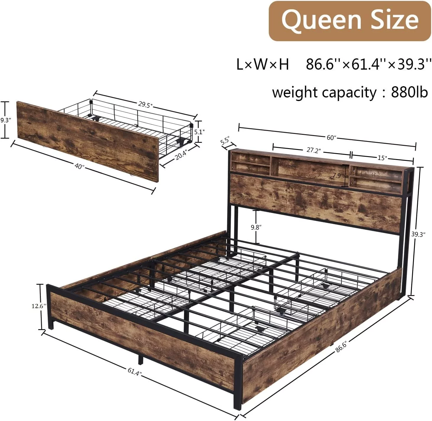 Alohappy Full Size Bed Frame with Bookcase Headboard and 4 Storage Drawers Metal Platform Bed Frame Full Heavy Duty Steel Slats No Box Spring Needed Mattress Foundation(Vintage Brown)