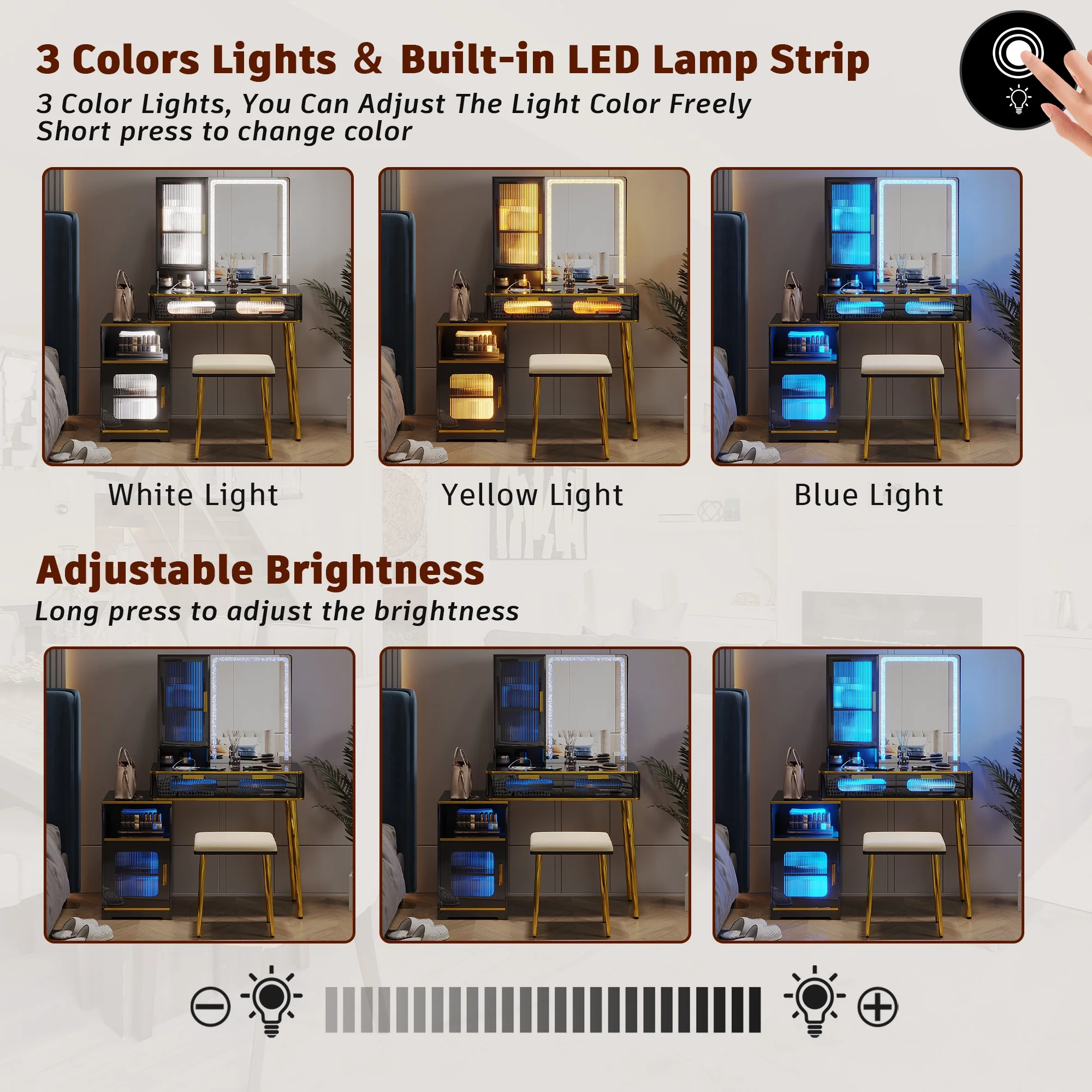 HNEBC Vanity Desk with Light and Mirror, Make Up Vanity Set with Upholstered Stool, Makeup Dressing Table has 3-in-1 Charging Station, LED Vanity Table with 4 Storage Drawers