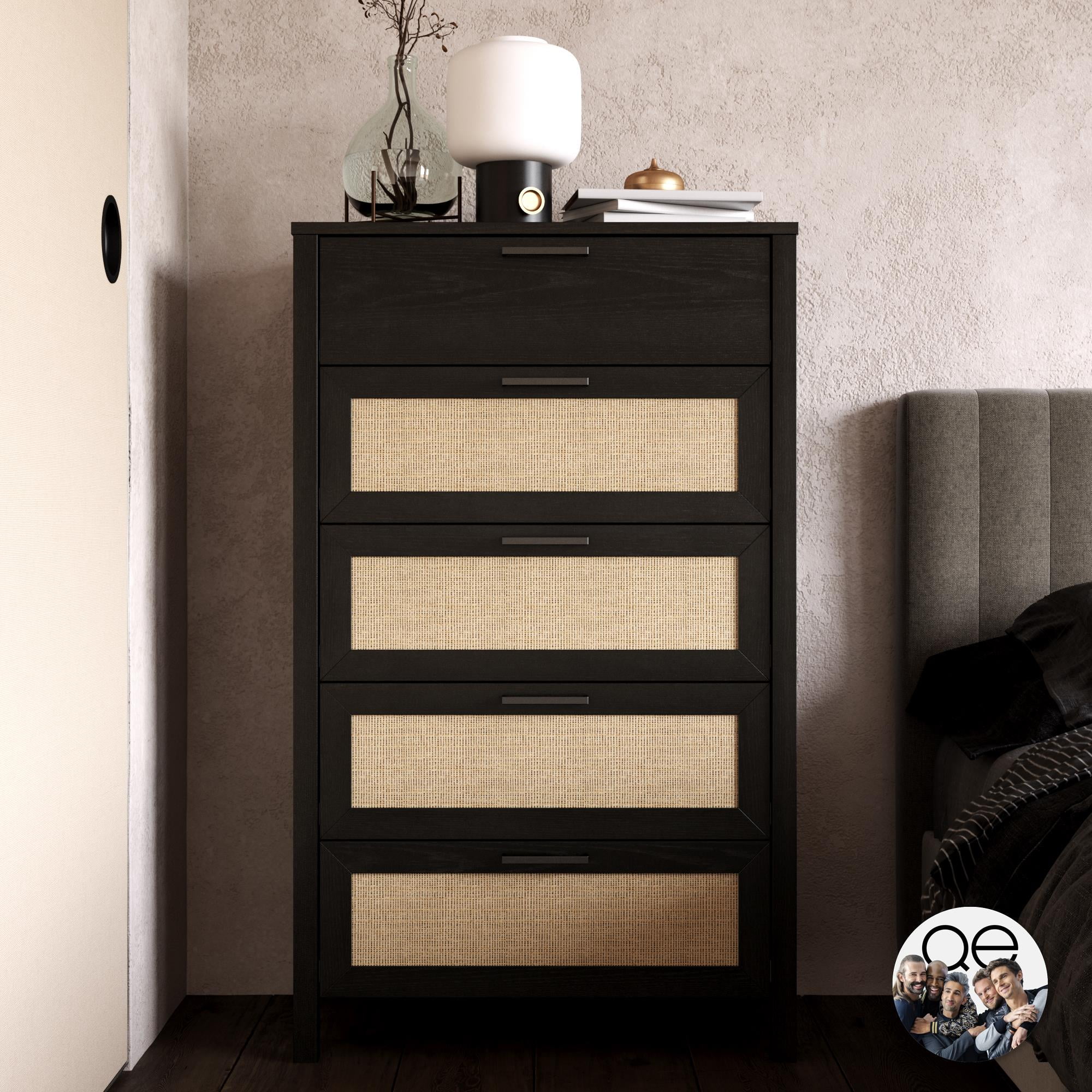 Queer Eye Wimberly 5 Drawer Dresser, Black Oak with Faux Rattan