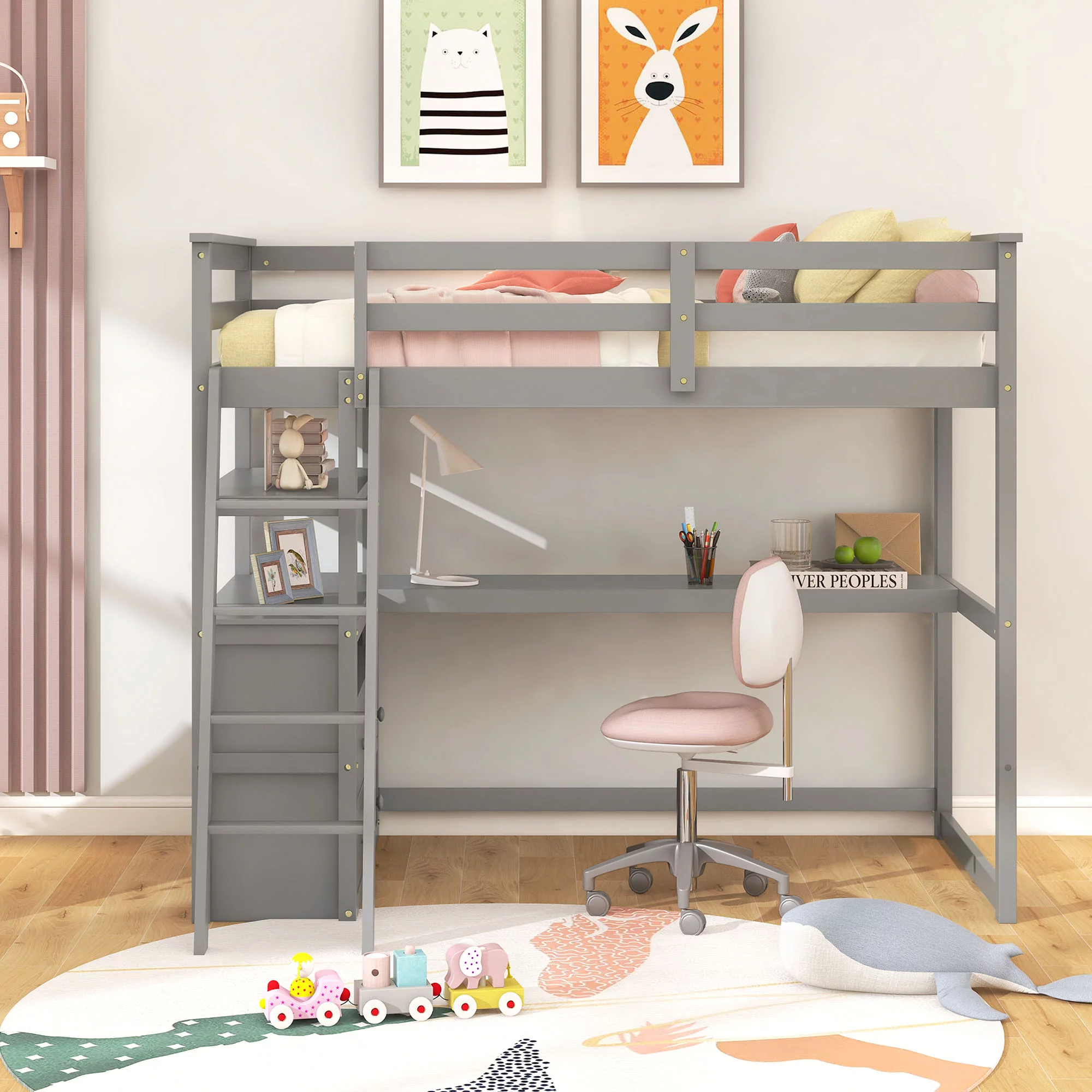 Twin Wood Loft Bed with Ladder and Guard Rail, Loft Bed with Storage Shelves and Two Built-in Drawers, Loft Twin Bed with Desk for Teenagers, Multiple Functions Bed(Gray)