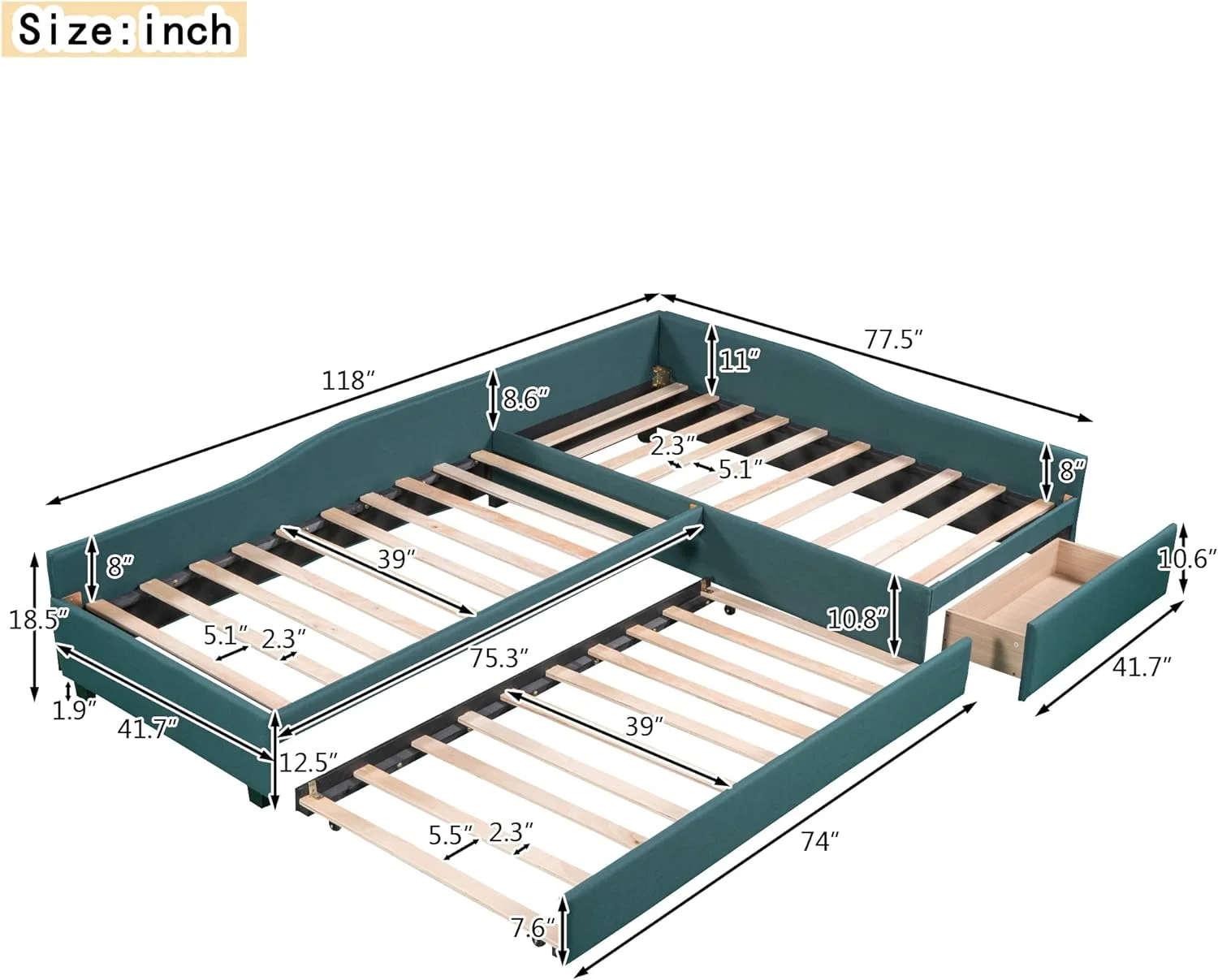 Upholstered L-Shaped 2 Beds With Trudle Ad Storage Drawer, Wood Lie Corer Bed For Kids Girls Boys Tees Bedroom, Gree