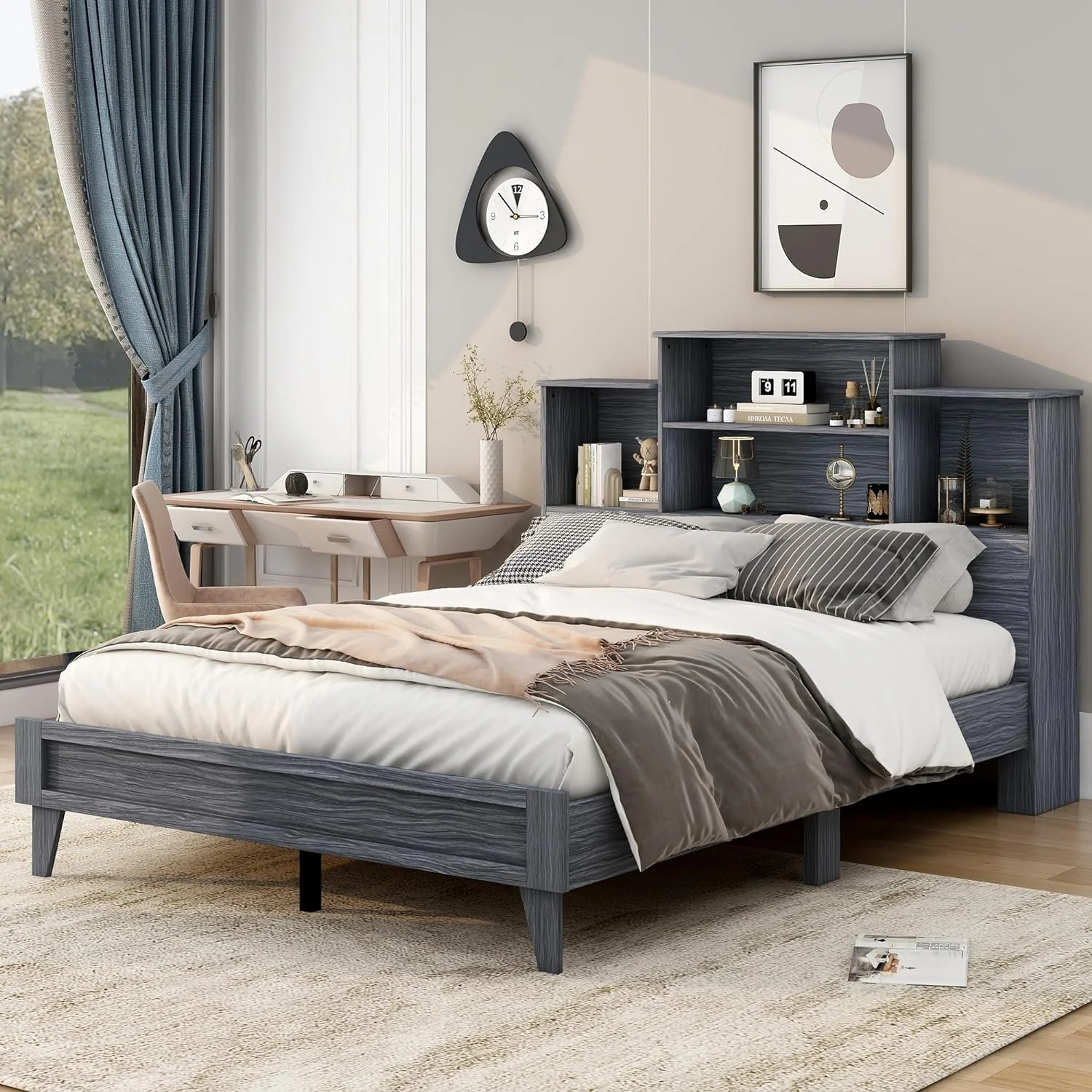 Quee Size Bed With Storage Headboard, Solid Wood Quee Size Platform Bed With 4 Storage Shelves Ad USB Chargig Desig, o Box Sprig eeded - Gray