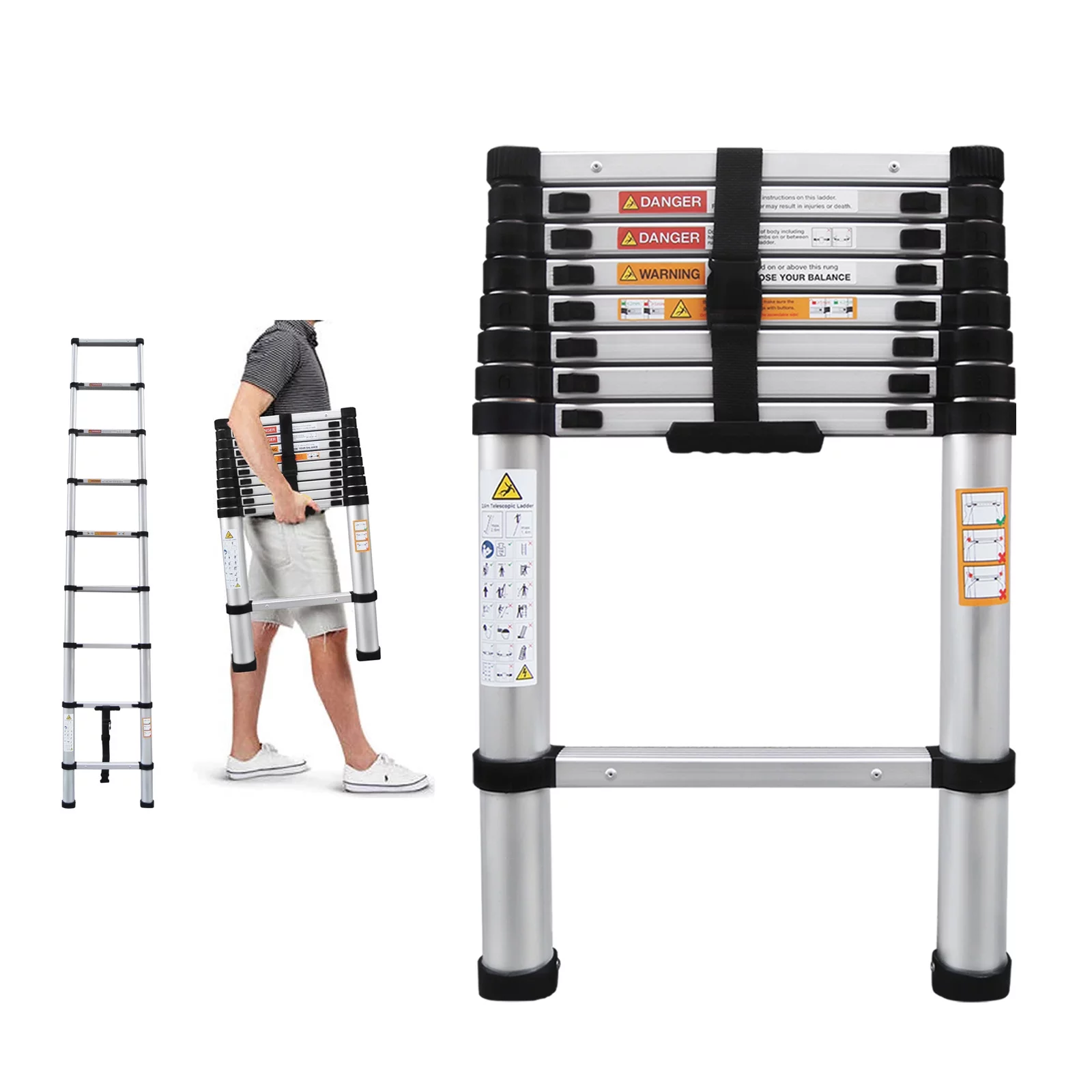 Multi-Purpose Extension Ladder 8.5ft Aluminum Telescoping Ladder Attic Ladder, 8 Steps, Folded Height 2.4ft, Weight 14.3lbs, Easy to Transport and to Store, 330lbs Max Load, EN131 Certificate