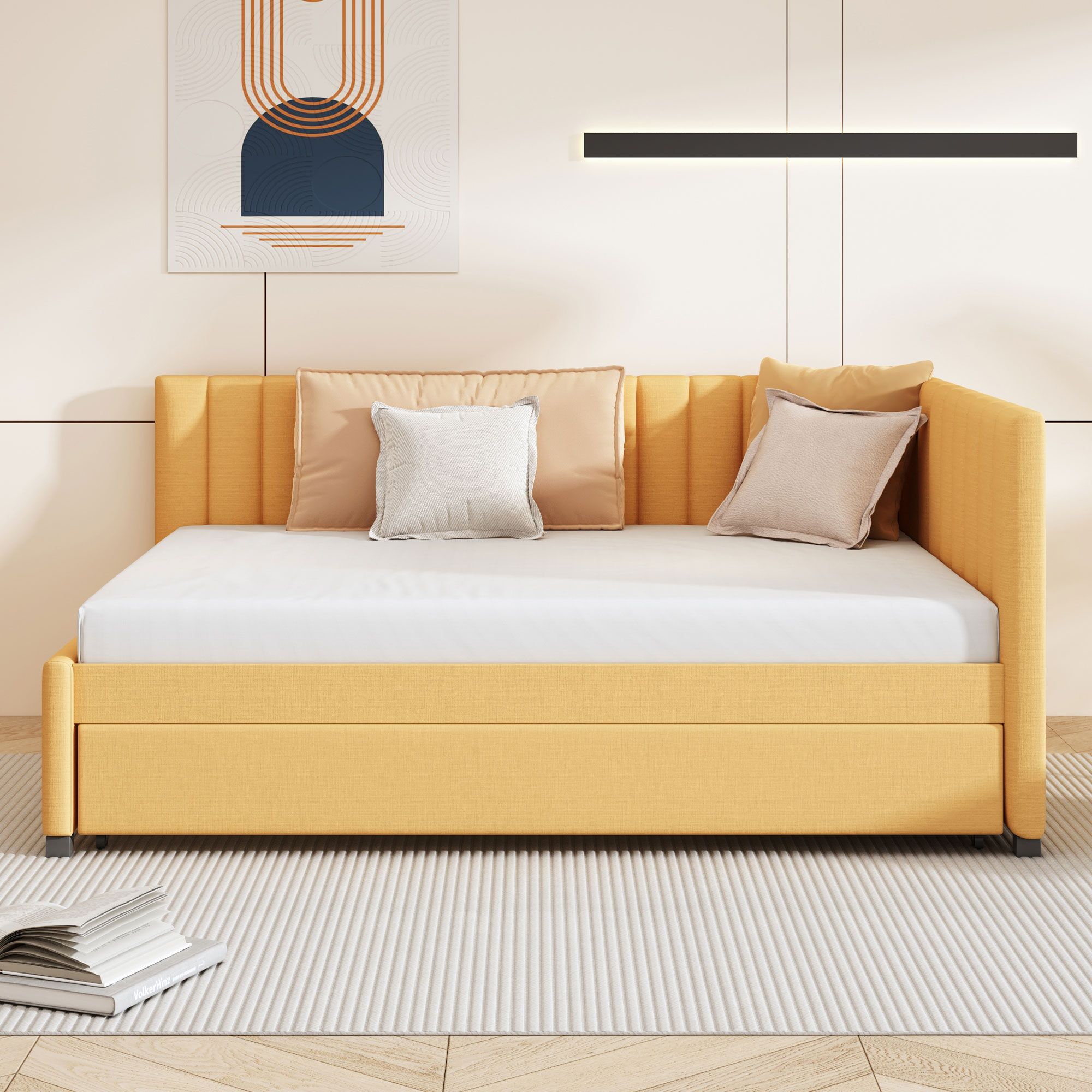 Linen Fabric Full Size Upholstered Bed Frame with Trundle Sofa Bed, Platform Bed Frame, Mid Century Bedframe, Wood Daybed, Wood Foundation(Yellow, Full)