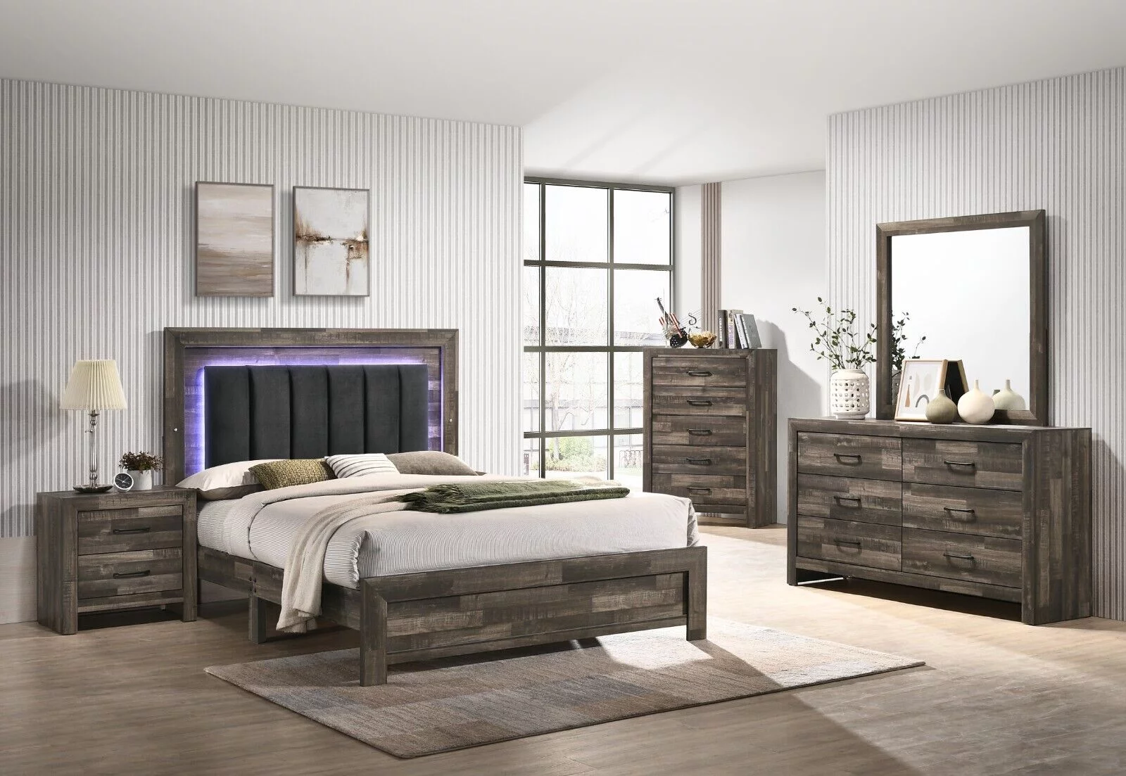 Modern 4Pc LED Light Upholstered Queen Size Bed Dresser Mirror Nightstand Set Master Bedroom Furniture Set Brown Finish
