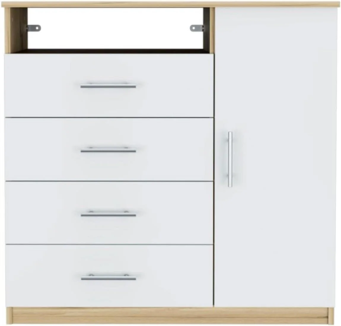 Rioja Dresser With 4 Drawers, Cabinet, Hanging Rod, And Open Shelf, Light Oak/White