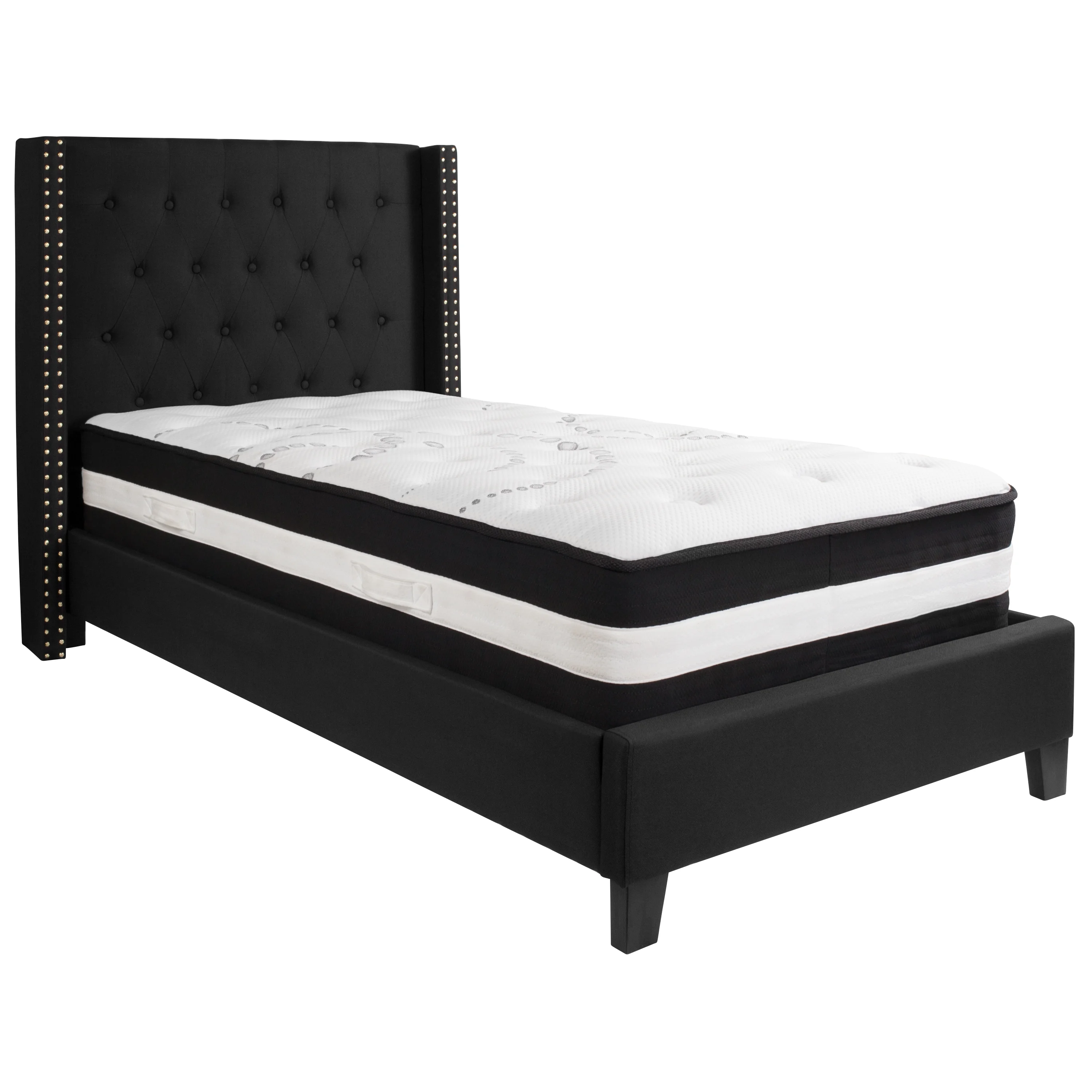 BizChair Twin Size Tufted Upholstered Platform Bed with Accent Nail Trimmed Extended Sides in Black Fabric with Mattress
