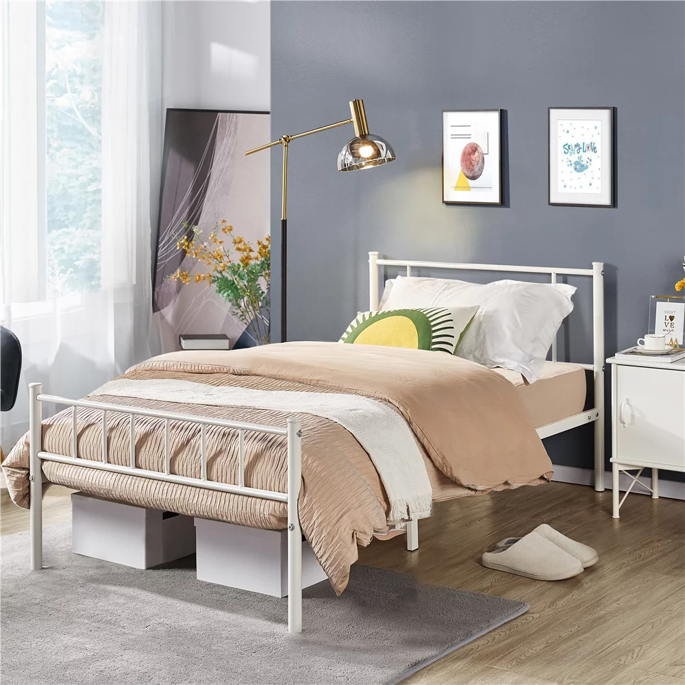 Yaheetech Metal Platform Twin Bed with Headboard and Footboard, White