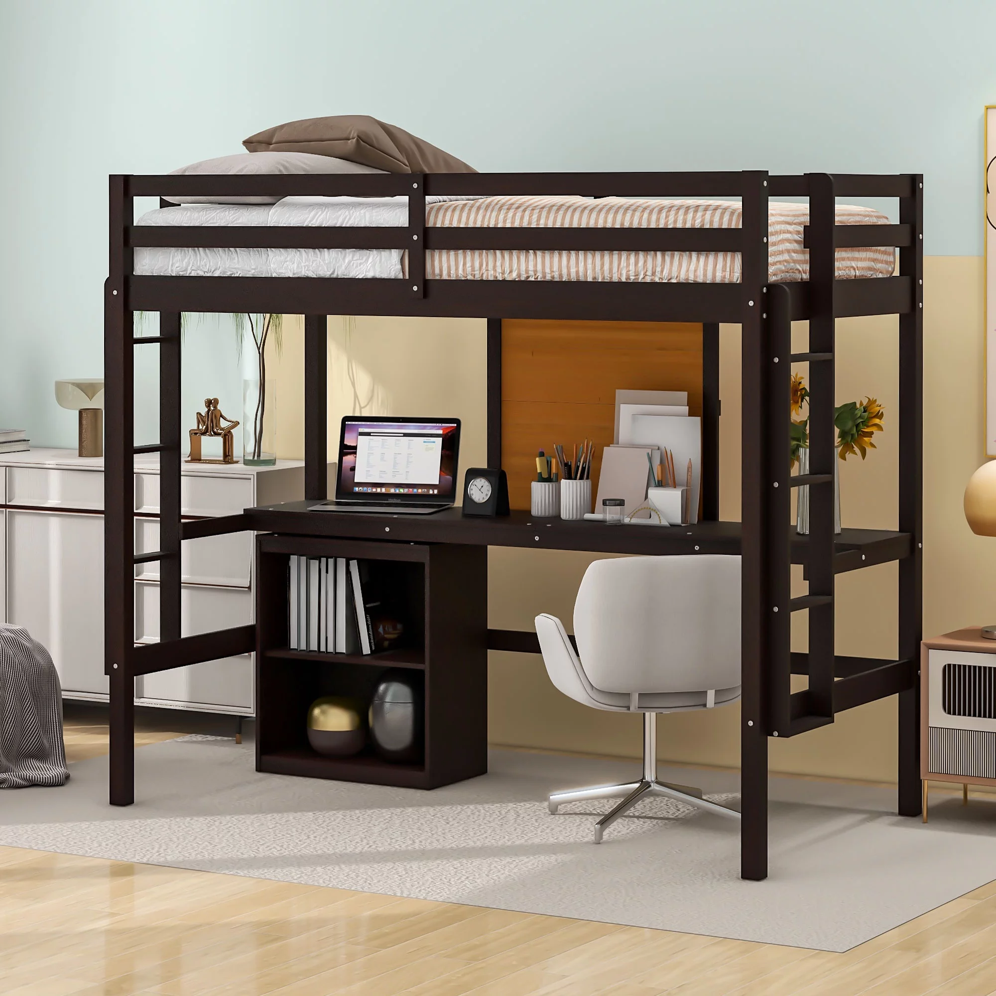 CoSoTower Twin Size Loft Bed with Desk and Writing Board, Wooden Loft Bed with Desk & 2 Drawers Cabinet- Espresso