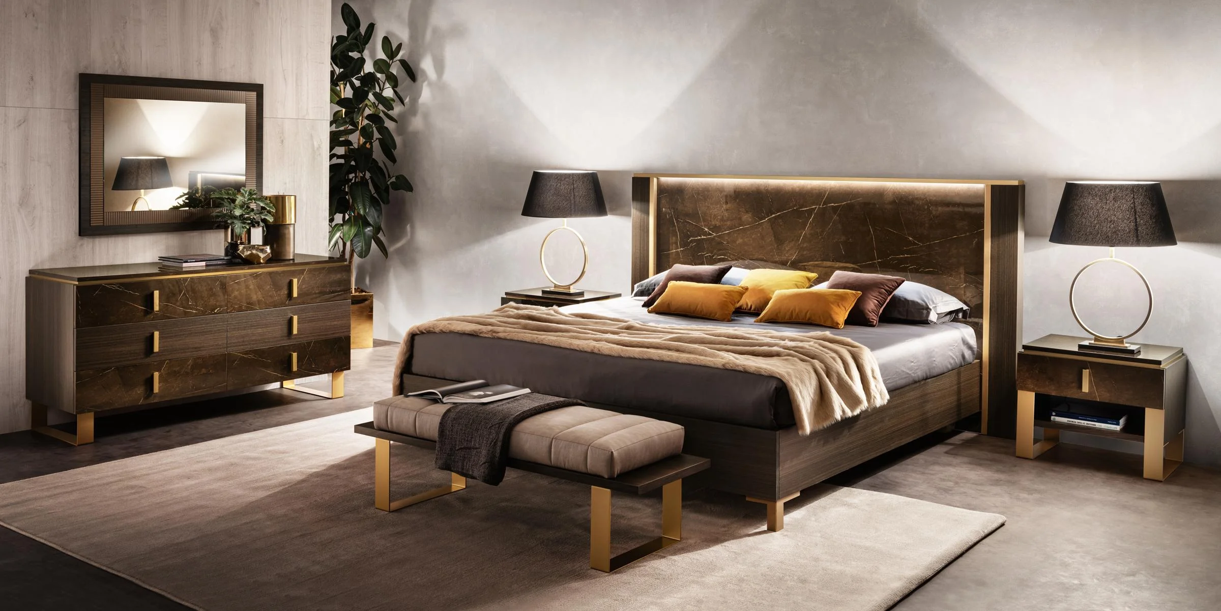 Luxury Shiny Brown Marble-finish Queen Bedroom Set 5 ESSENZA ESF Made in Italy