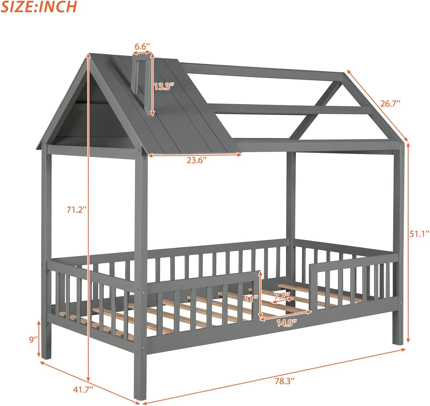 House Bed With Fence Railings And Roof Kids Montessori Beds With Wood Cabin Playhouse Bed Frame For Toddlers Girls Boys Teens, Size, Gray