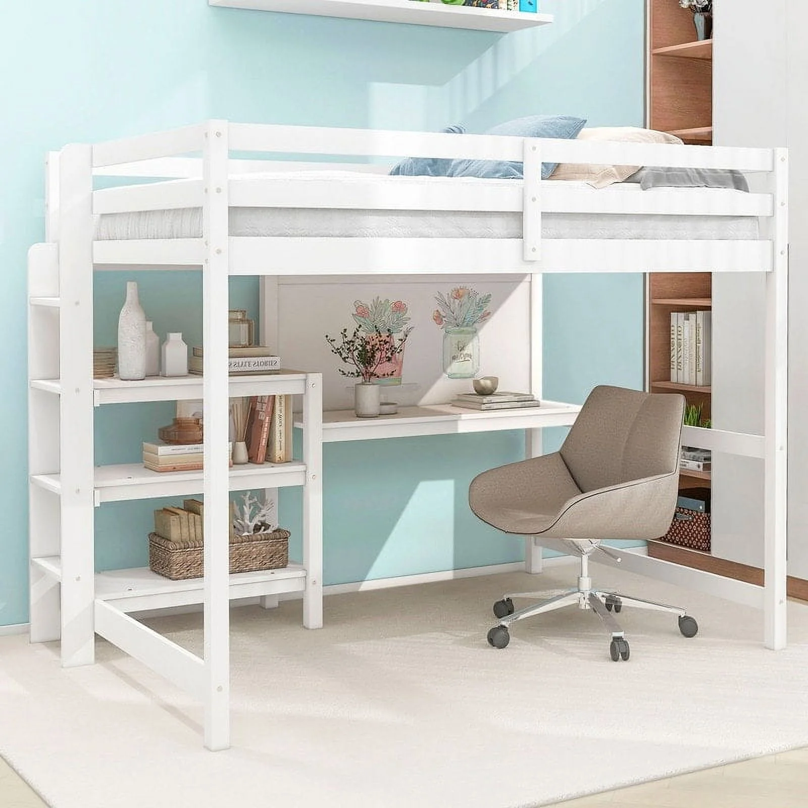 Full Size Wooden Loft Bed with Shelves, Desk and Writing Board White