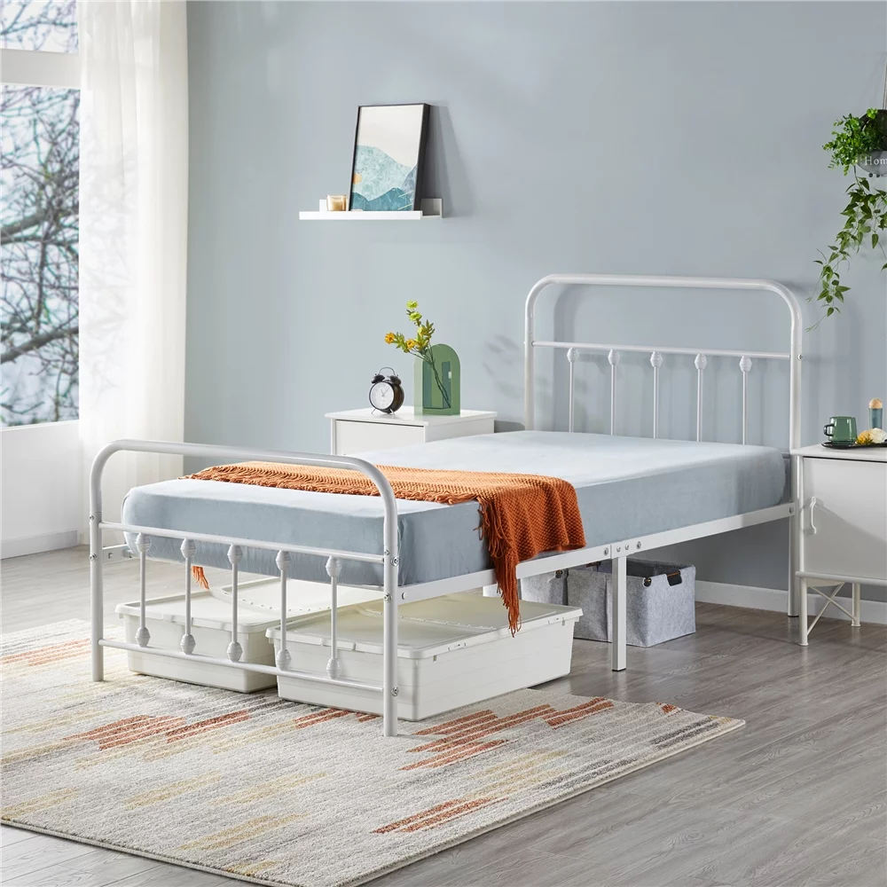 Topeakmart Twin Metal Bed Frame Spindle Headboard & Footboard, White