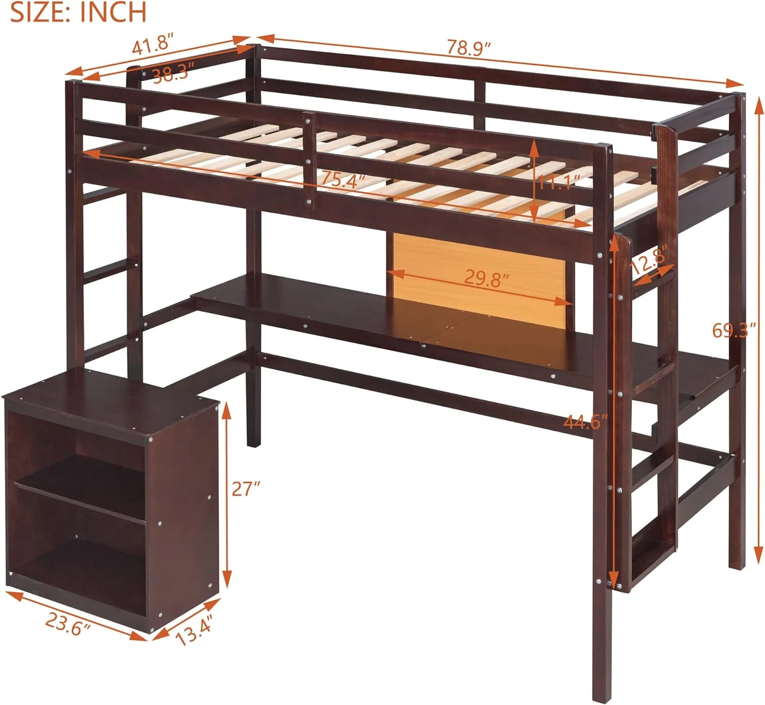 Lof Bed Wih Desk Ad Wriig Board, Wood Size Lof Bed Wih Desk & 2 Drawers Cabie Udereah, Lof Bed For Kids, Boys,Girls,ees(,Espresso)