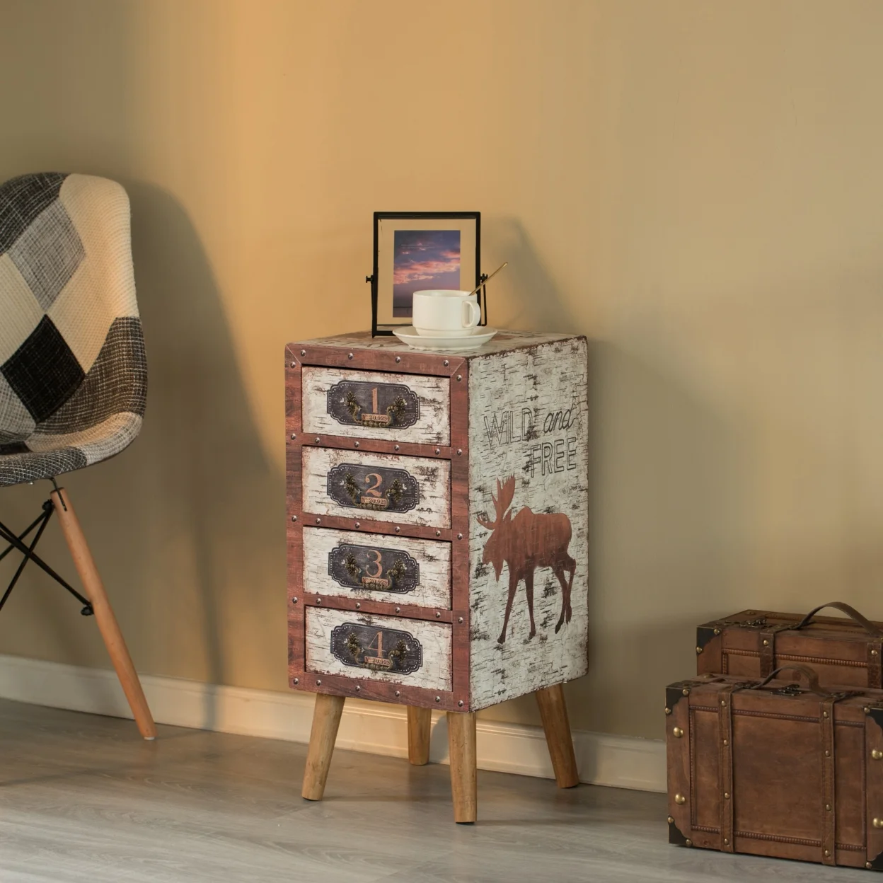 Antique Rustic Brown Wood Vintage Tallboy Chest with 4 Drawers and Legs
