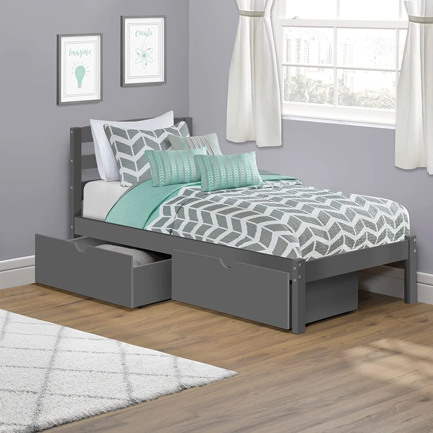 Bed - FSC Certified Pine Wood - Trundle Bed Or Storage Drawers - Cherry, White, Or Grey (Cherry - One Trundle Bed)