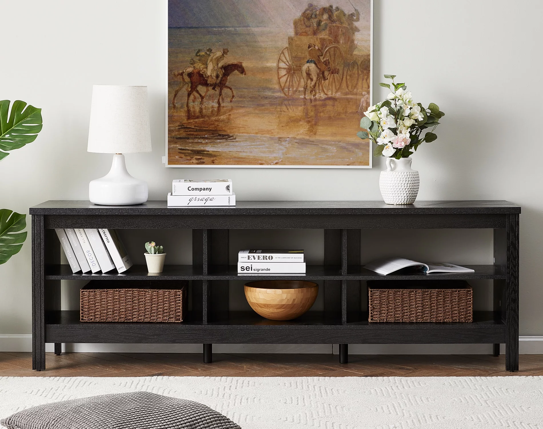 TV Stand for 75 Inch TV, Farmhouse Wood TV Cabinet with 6 Cubby for Living Room Bedroom,70 inch Black