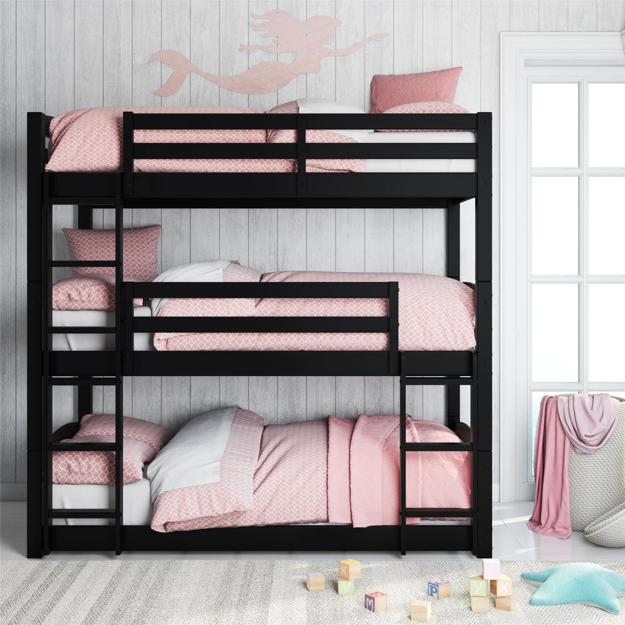 Better Homes & Gardens Tristan Triple Twin Convertible Floor Bunk Bed, Black