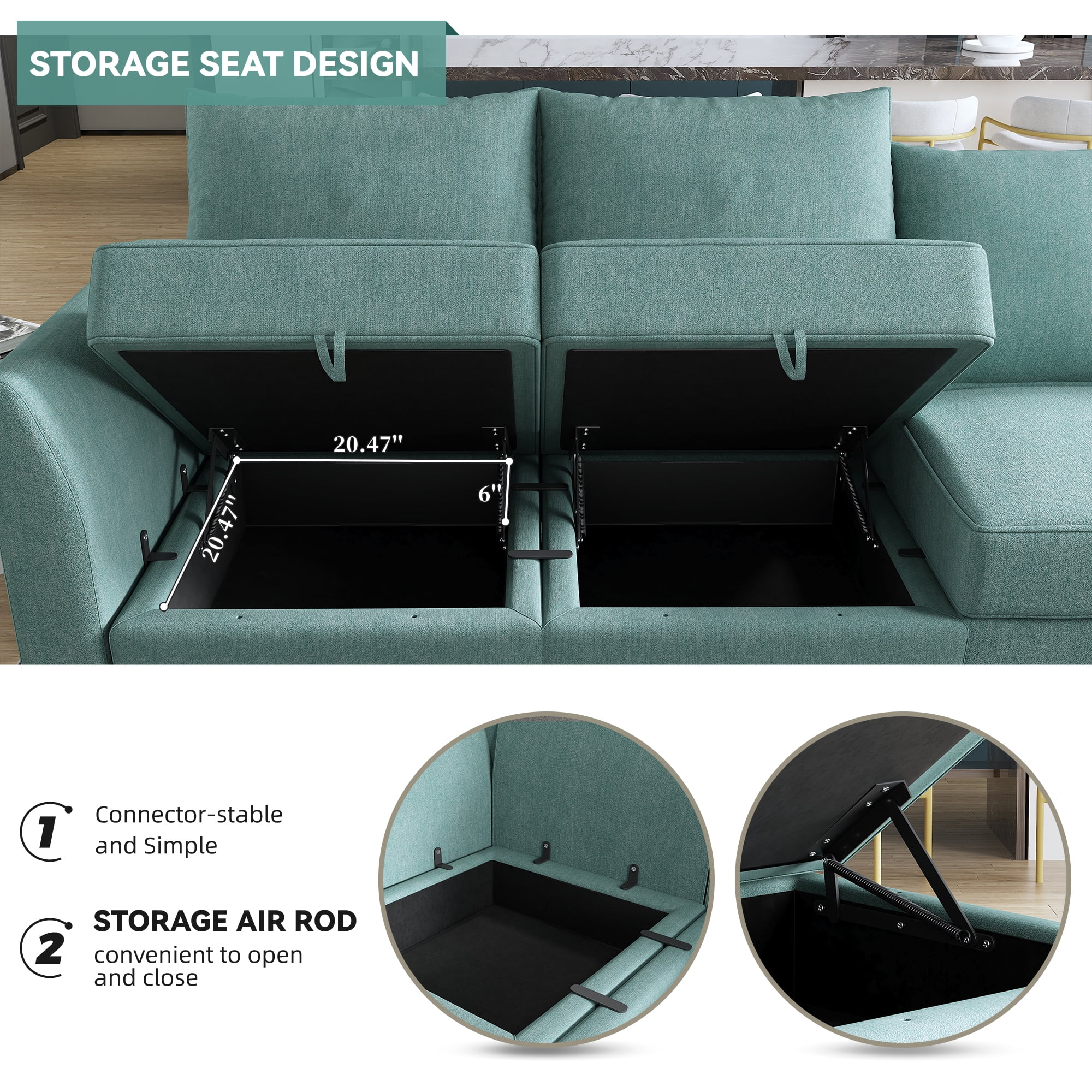 HONBAY Modern Convertible Sleeper Sofa Bed with Storage Ottomans for Living Room Space, Aqua Blue