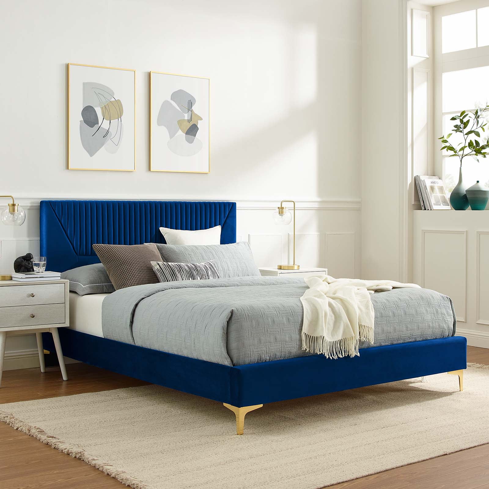 Modway Yasmine Channel Tufted Performance Velvet King Platform Bed in Navy