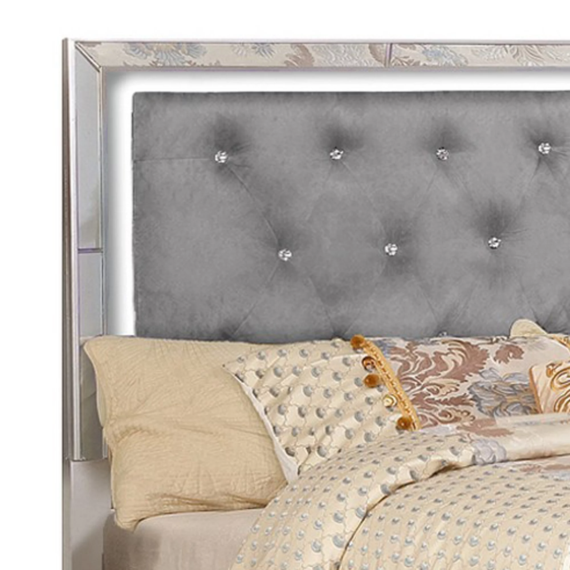 Eli Crystal Tufted Queen Bed, LED, Mirror Inlays, Wood, Gray Velvet, Silver