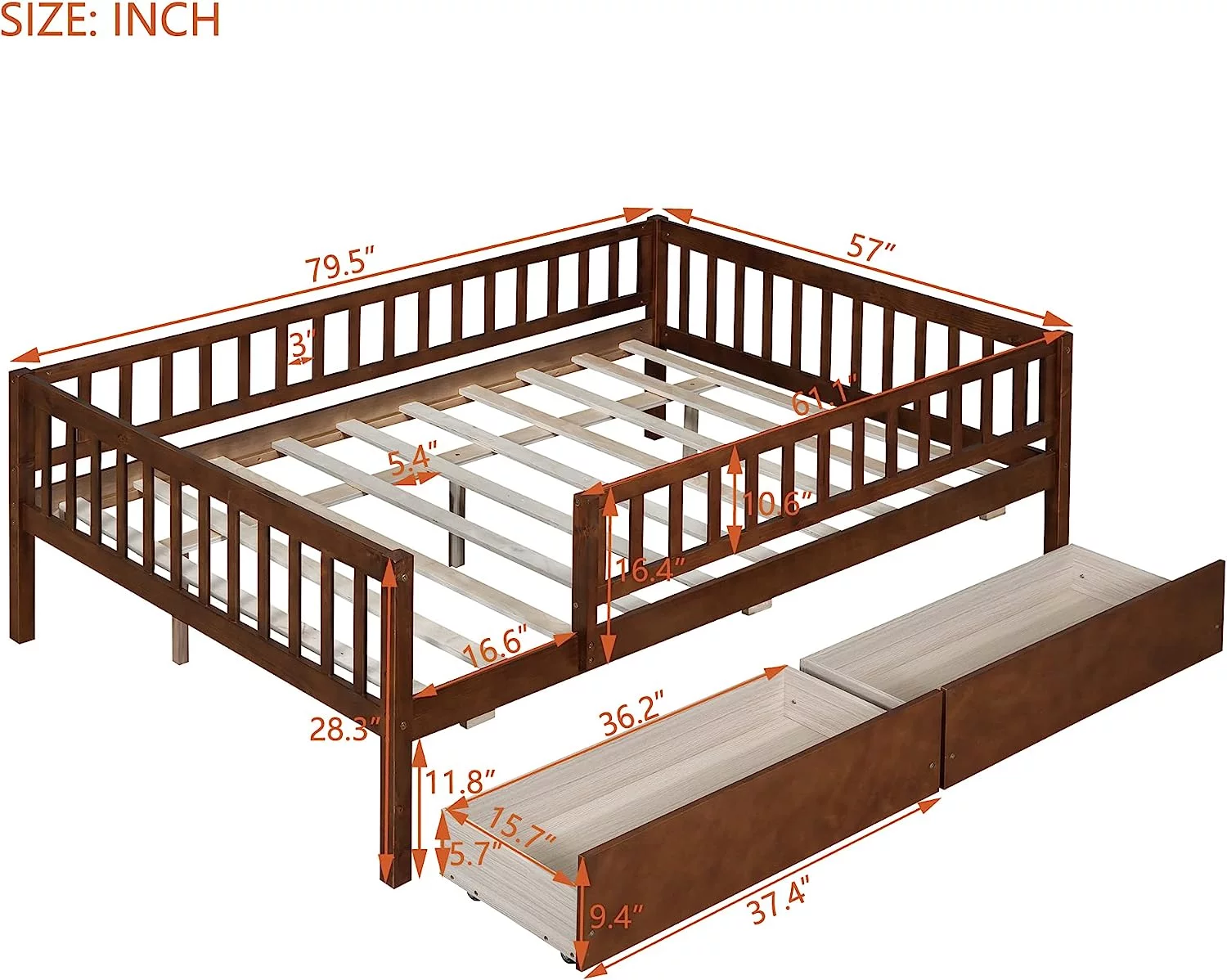 Full Size Daybed Wih wo Drawers, Wood Kids Full Plaform Bed Frame Wih Sorage And Rails, No Box Spring Needed, Easy Assembly (Full Size, Walnu)