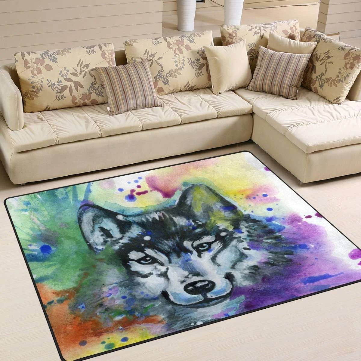FREEAM Watercolor Wolf Animal Area Rug 5x7 Soft Large Area Rugs Indoor Modern Floor Carpet No-Shedding Non-Slip Mat for Living Room Entryway Bedroom Kids Room