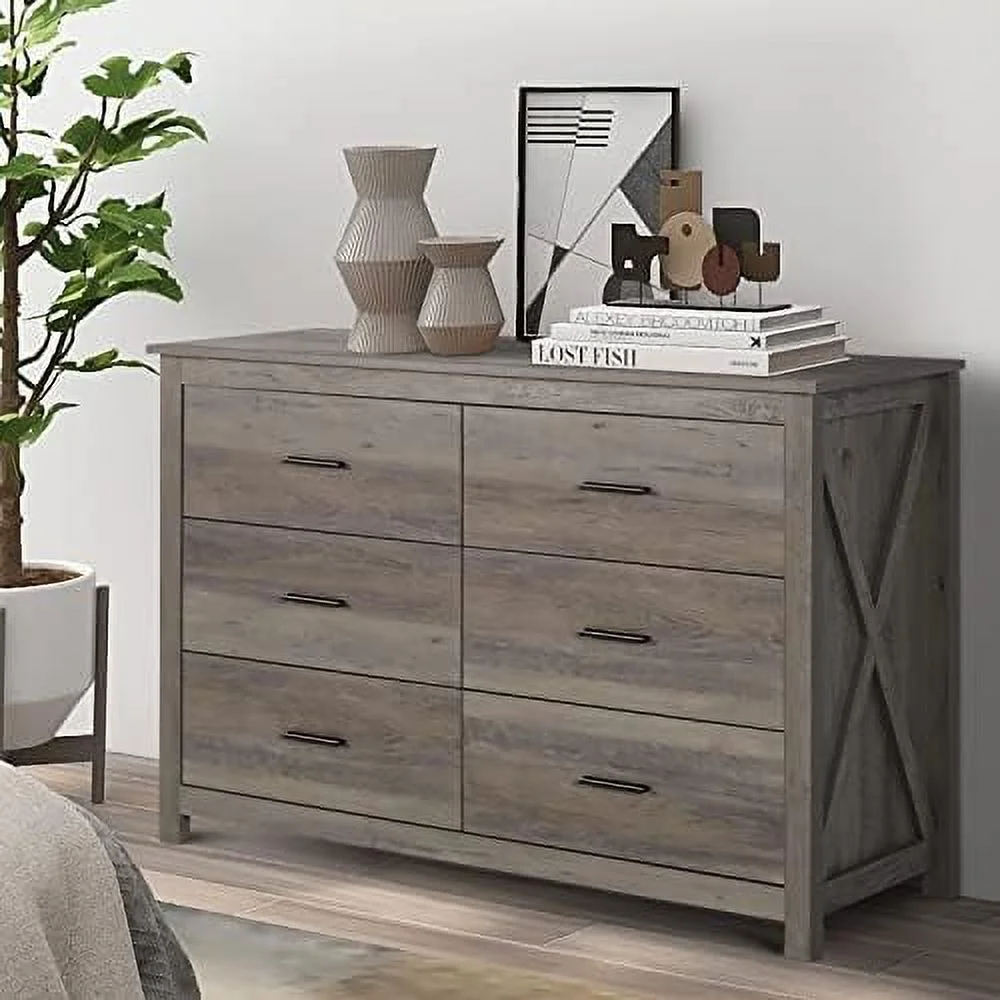 RUNFAYBIU Dresser for Bedroom - Wooden Dresser with 6 Drawers Double Dresser Grey Oak Drawer Cabinet Chest of Drawer Farmhouse Bedroom