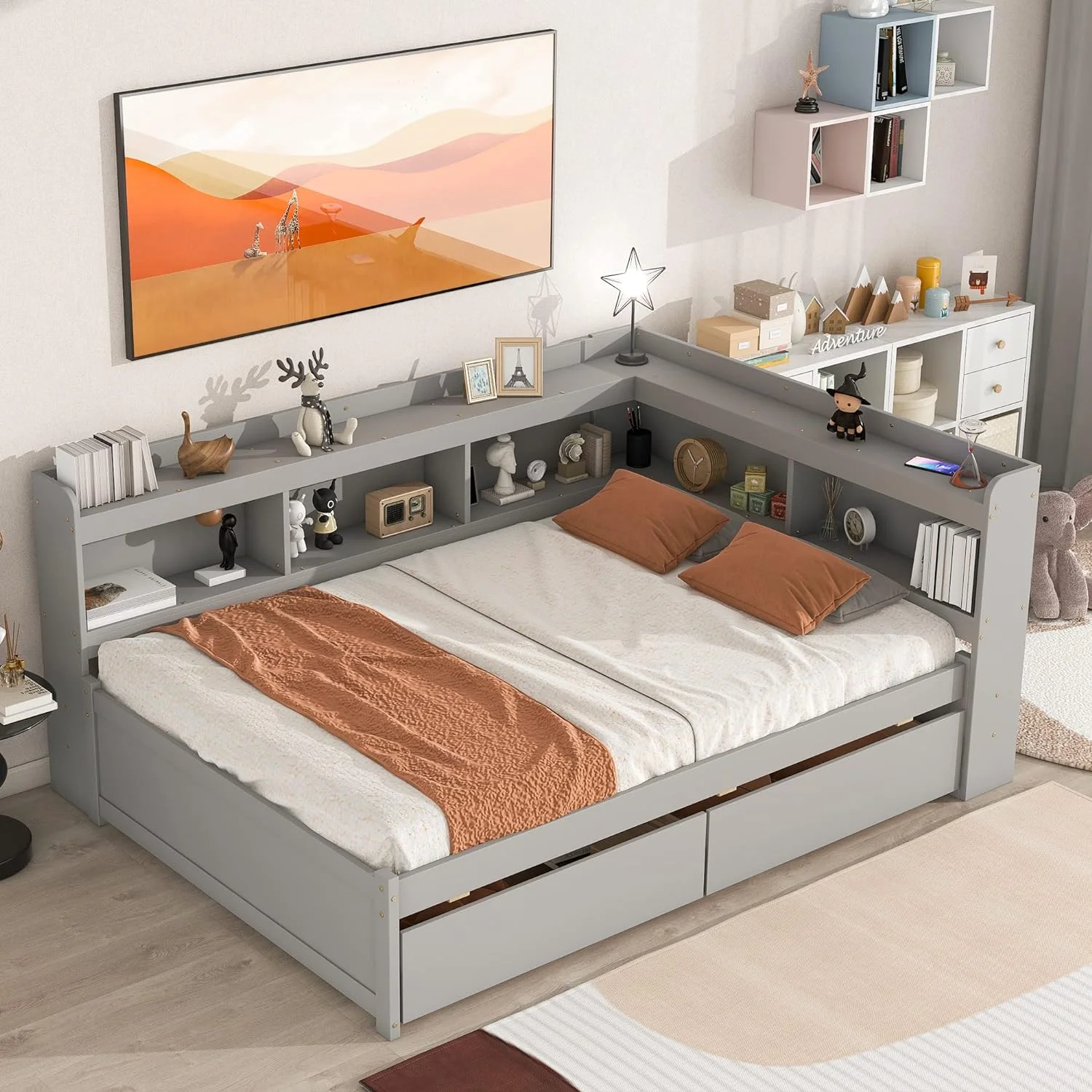 Full Size Daybed With Drawers, Wood L-Shape Daybed With Bookcase Headboard, Full Platform Bed With Storage Cabiets Ad Drawers For Kids Tees Adults, Gray