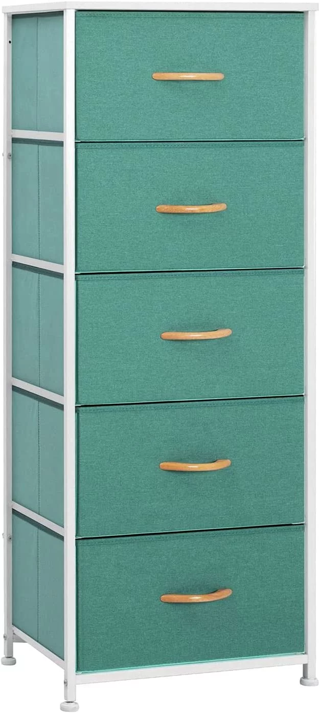 Dresser for Bedroom with 5 Drawers, Sturdy Metal Frame, with Wooden Handle and Wooden Top, Organizer Unit for Closet/Hallway, Green