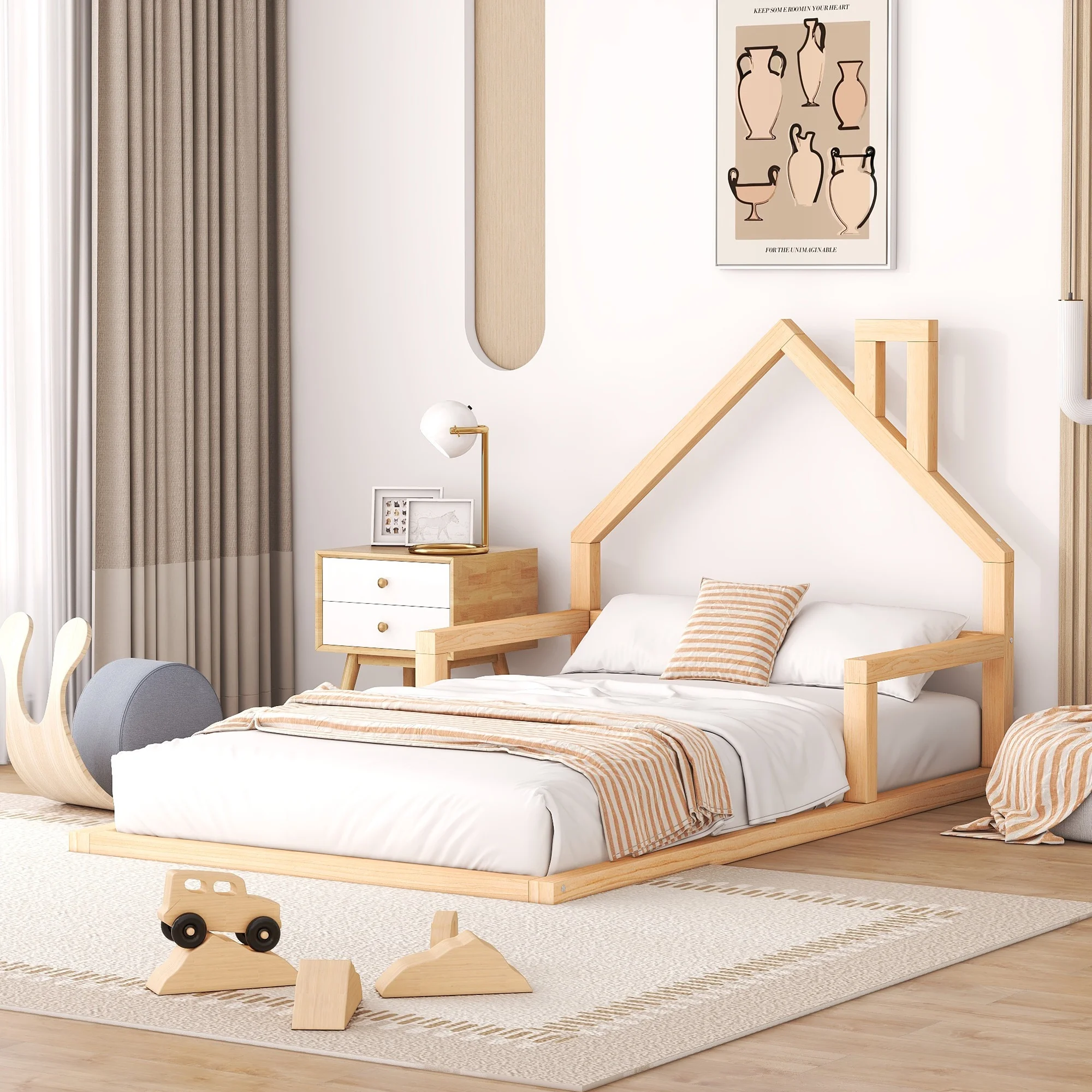 Euroco Twin Size Wood Floor Bed for Kids Room, Natural