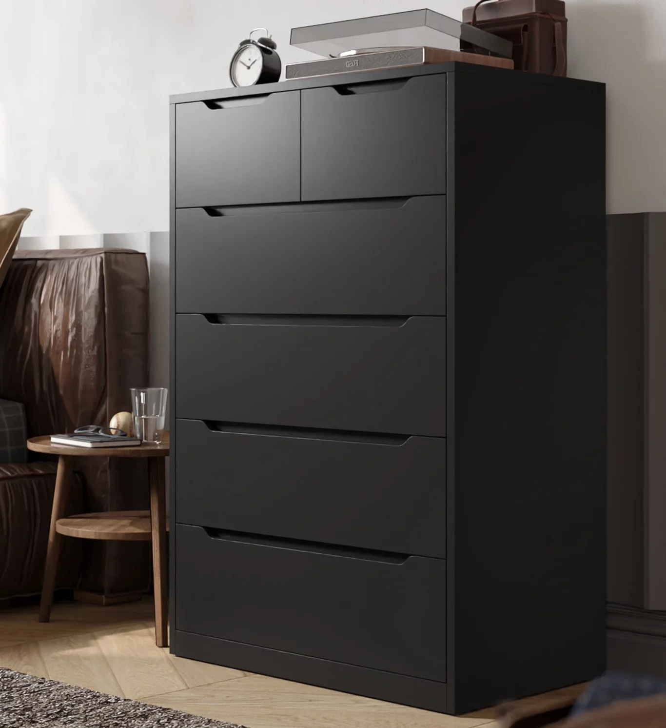 EnHomee Black Tall Dresser Wood 6 Drawer Dressers for Bedroom Wood Chest of Drawers with Smooth Metal Rail Large Dresser Modern Storage Cabinet for Home Office Living Room, 43.3