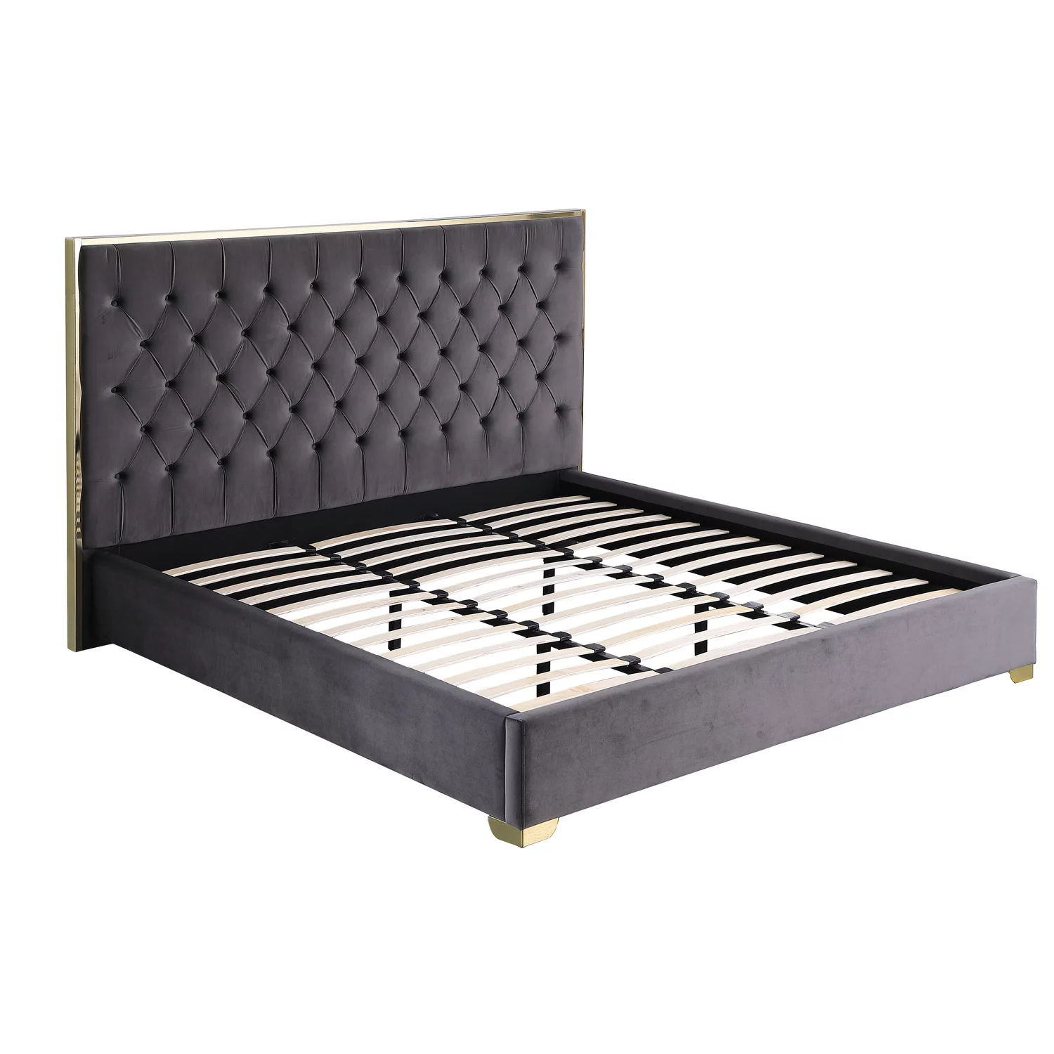 Kressa Velour Fabric Tufted King Platform Bed in Dark Gray/Gold
